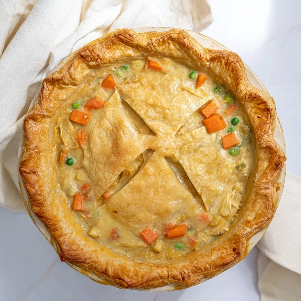 Savory pot pie baked to golden perfection with creamy chicken vegetable filling under buttery crust