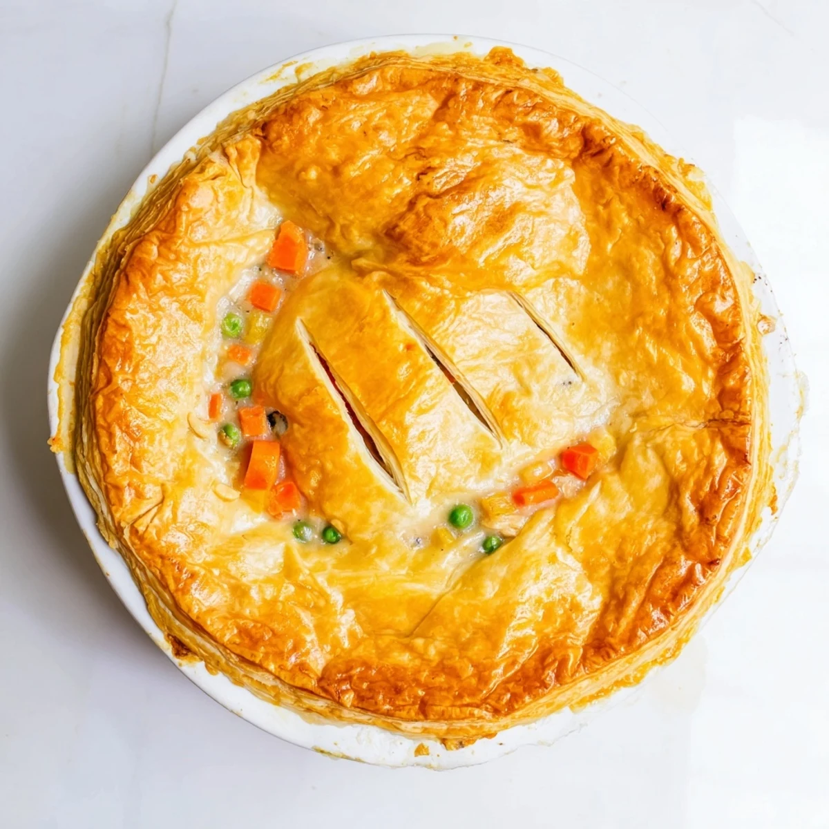 Comforting pot pie served fresh from oven with tender chunks of chicken and carrots in sauce