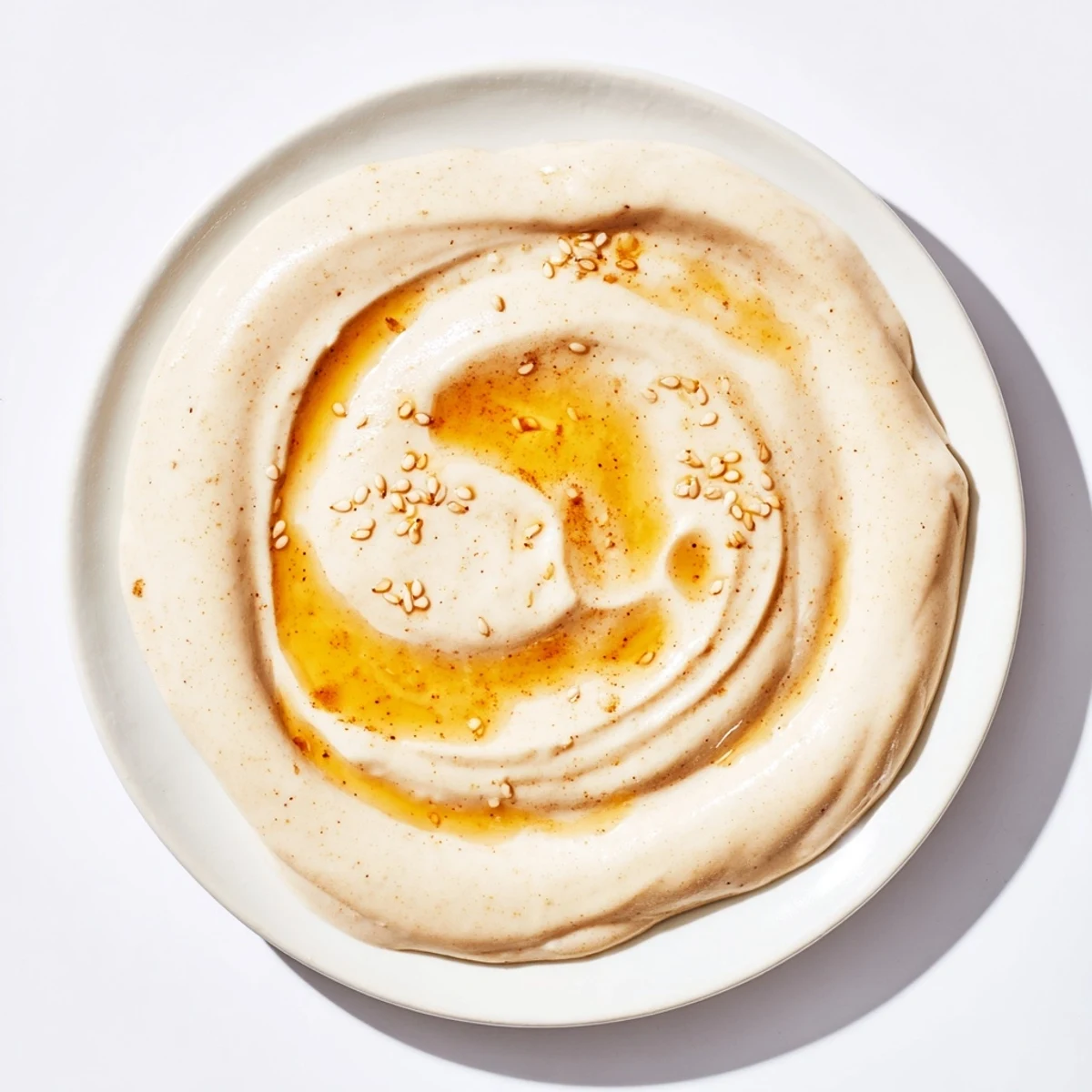 Rich tahini-based sauce with nutty flavor poured beside crisp vegetable grain bowl.