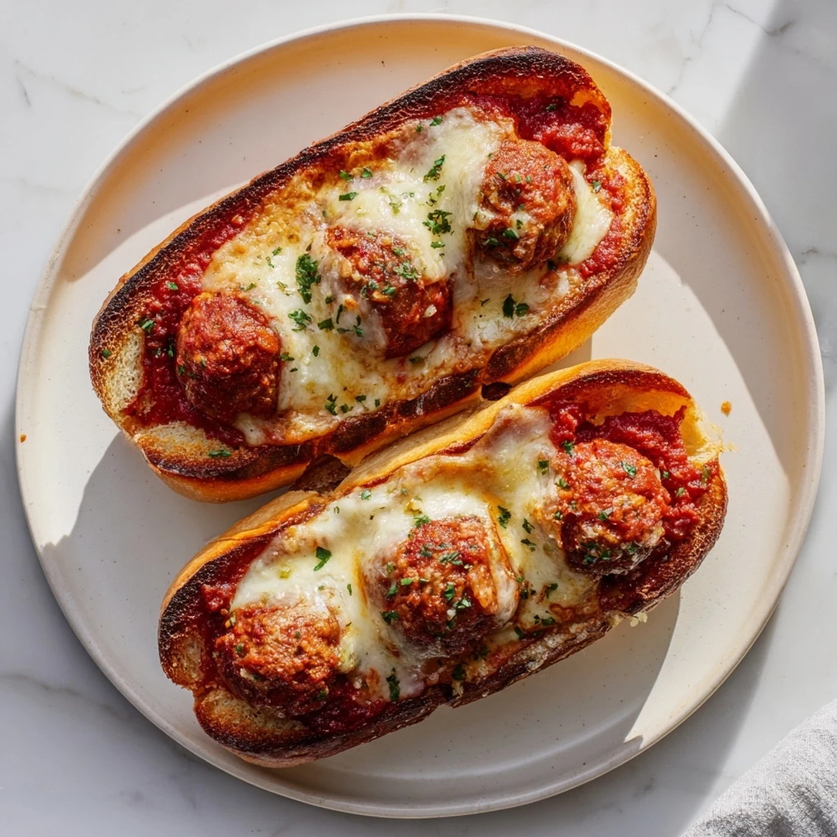 Golden meatballs nestled in toasted sub rolls with melted mozzarella and marinara for these cheesy meatball subs