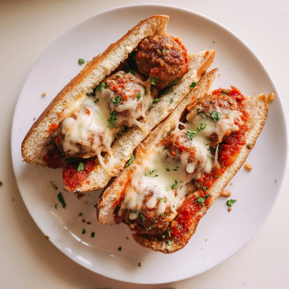 Comforting cheesy meatball subs featuring juicy beef meatballs smothered in red sauce and bubbling cheese
