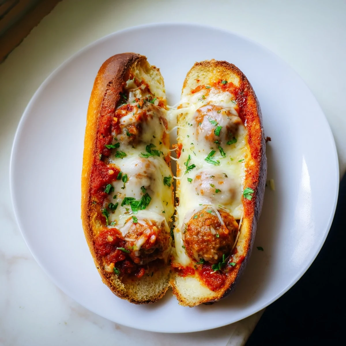 Toasted submarine sandwich piled high with tender meatballs and gooey cheese capturing the essence of cheesy meatball subs