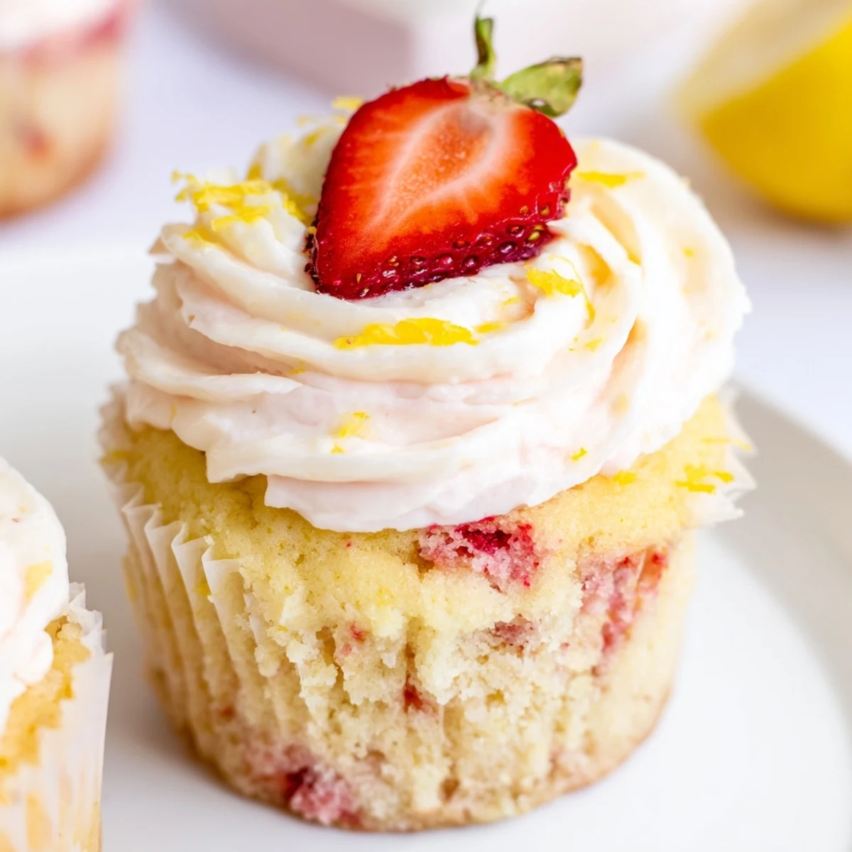 Fluffy strawberry lemonade cupcakes topped with swirling pink buttercream and fresh strawberry garnish