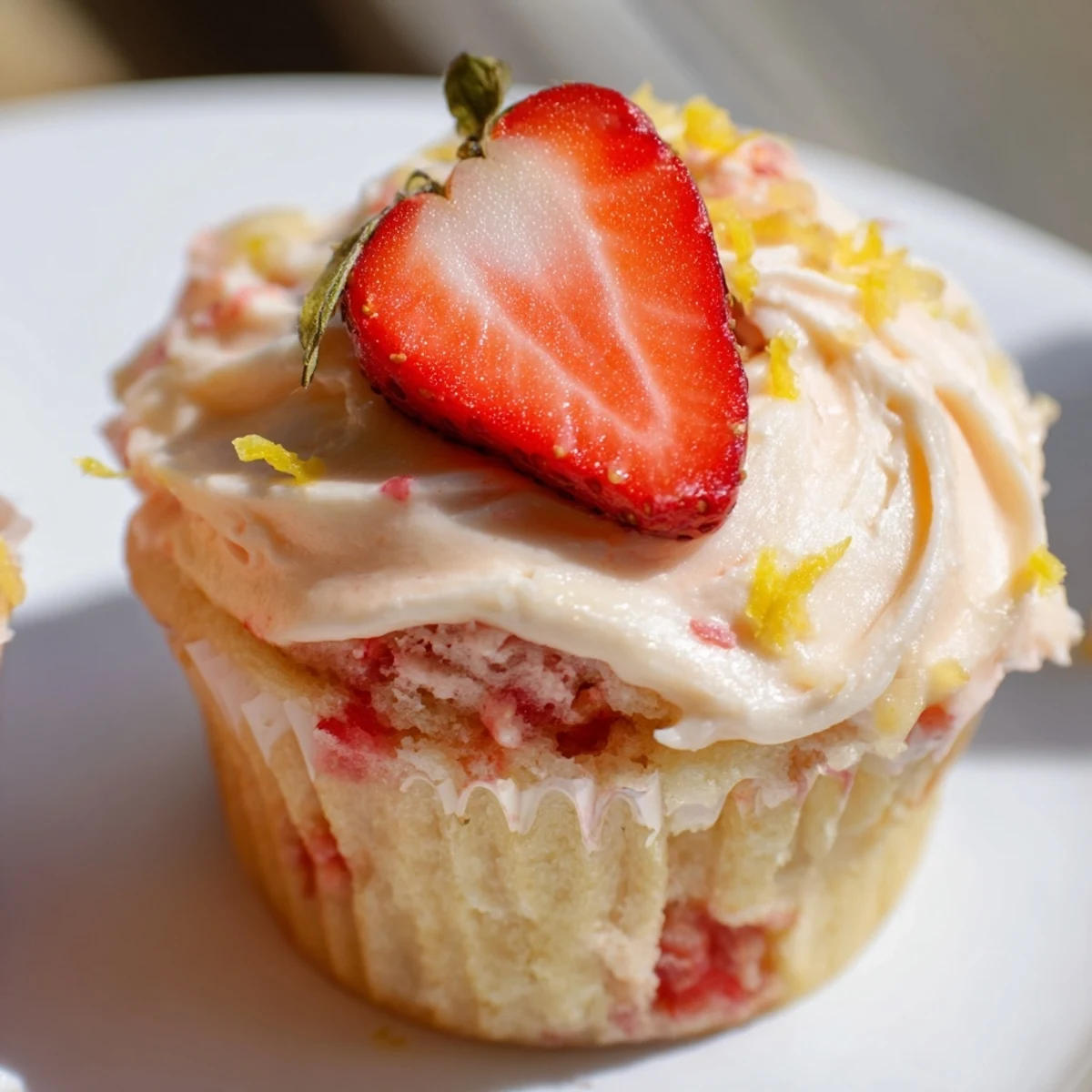 Baked strawberry lemonade cupcakes piped high with strawberry buttercream on a white serving plate