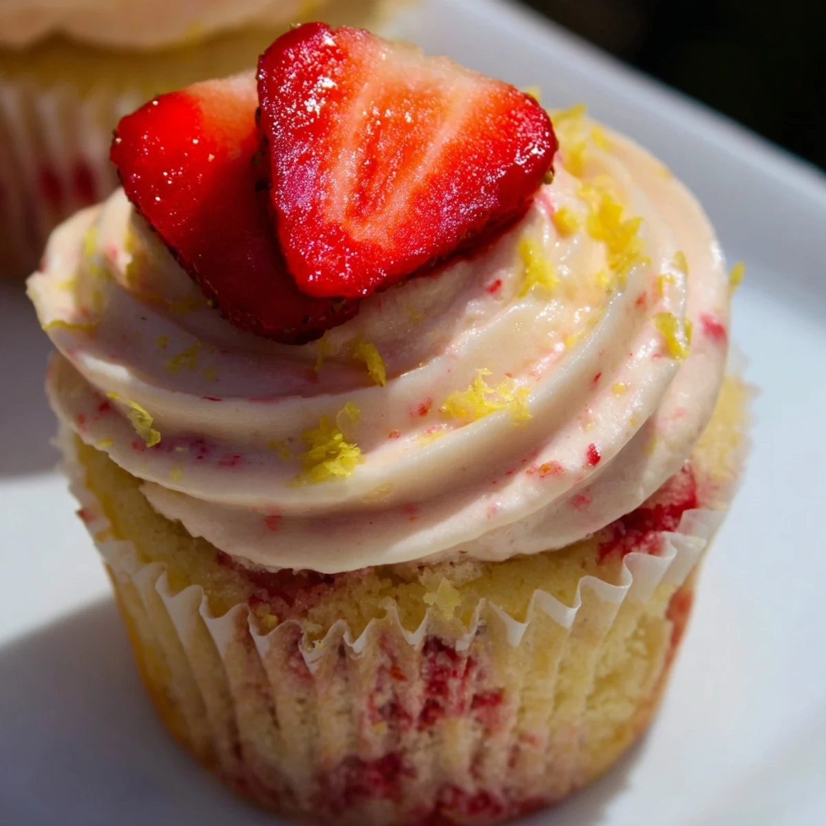 Golden homemade strawberry lemonade cupcakes with tangy lemon zest and creamy pink strawberry frosting