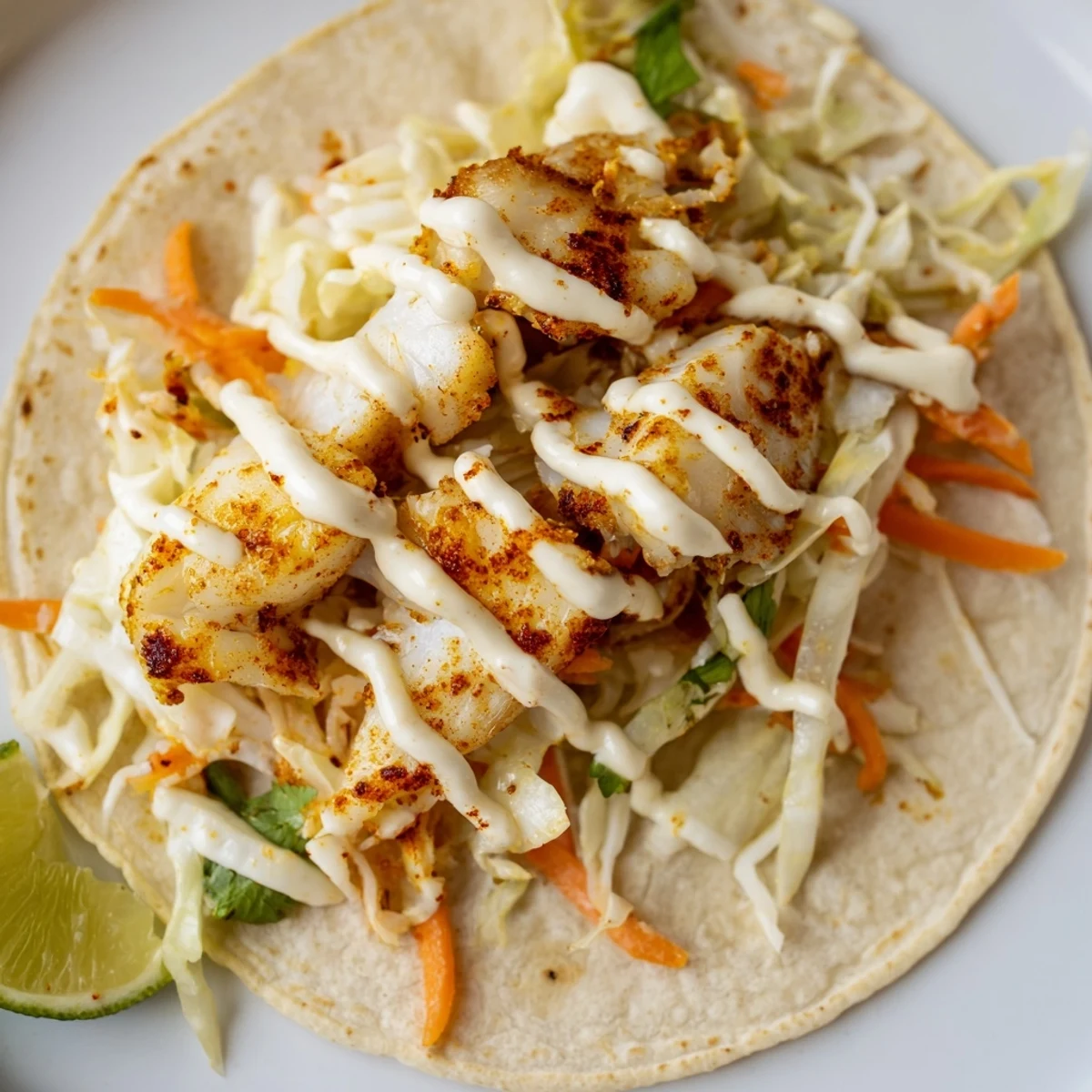 Golden baked cod fish tacos topped with colorful cabbage slaw and creamy lime crema drizzle
