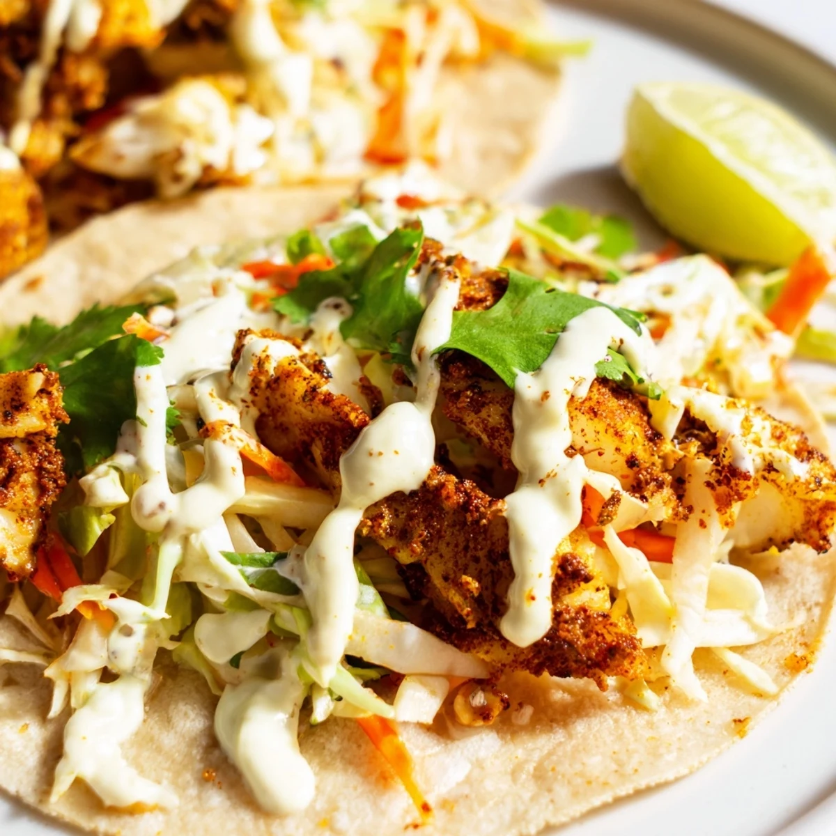 Delicious baked cod fish tacos assembly with zesty lime crema and vibrant cilantro garnish