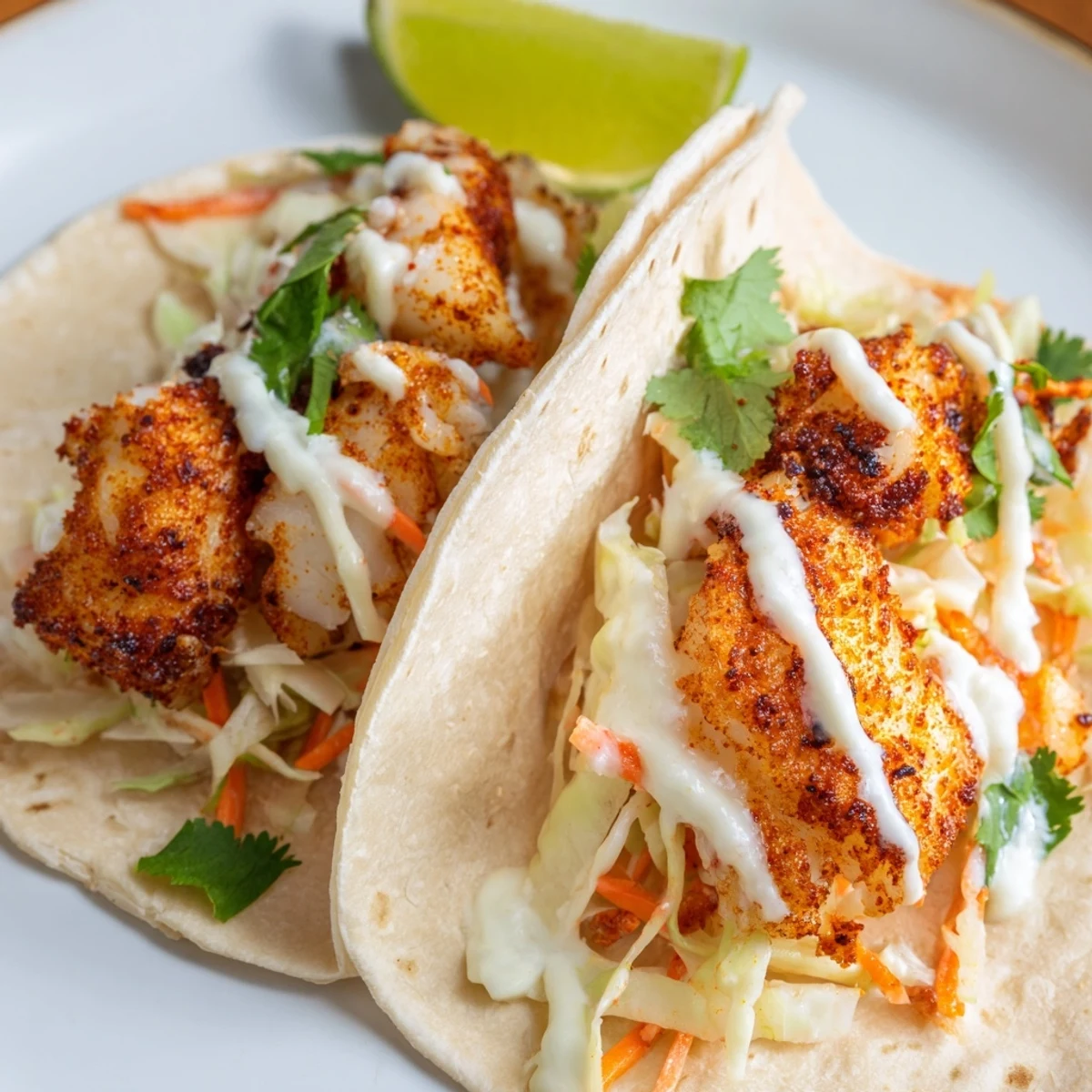 Fresh cod fish tacos featuring flaky spiced fish wrapped in warm tortillas with crisp slaw