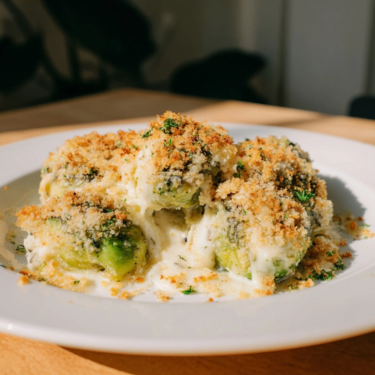 Golden brown creamy Parmesan Brussels sprouts casserole topped with crispy breadcrumbs and fresh parsley