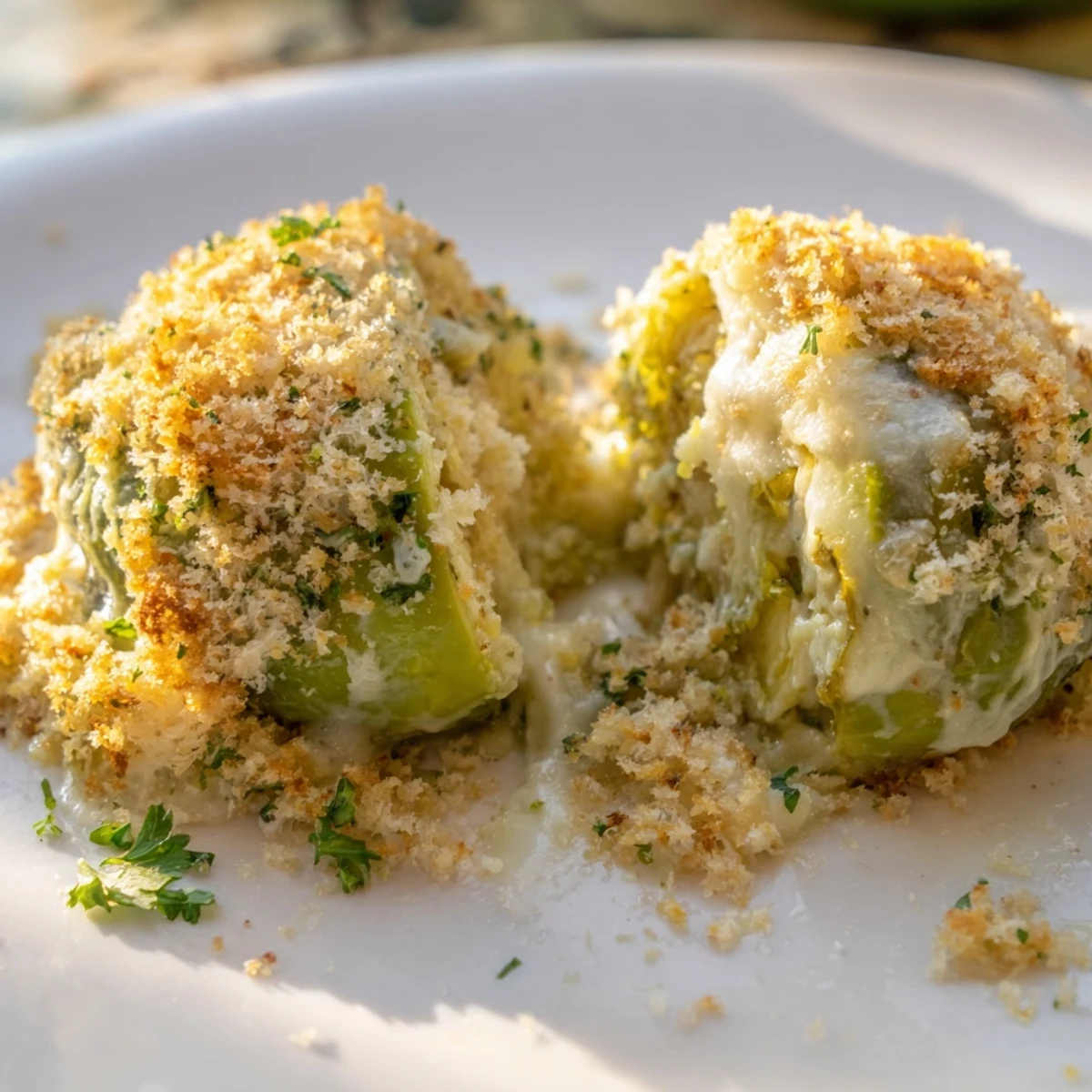 Tender halved Brussels sprouts swimming in rich cheesy sauce with golden breadcrumb topping for holiday dinner