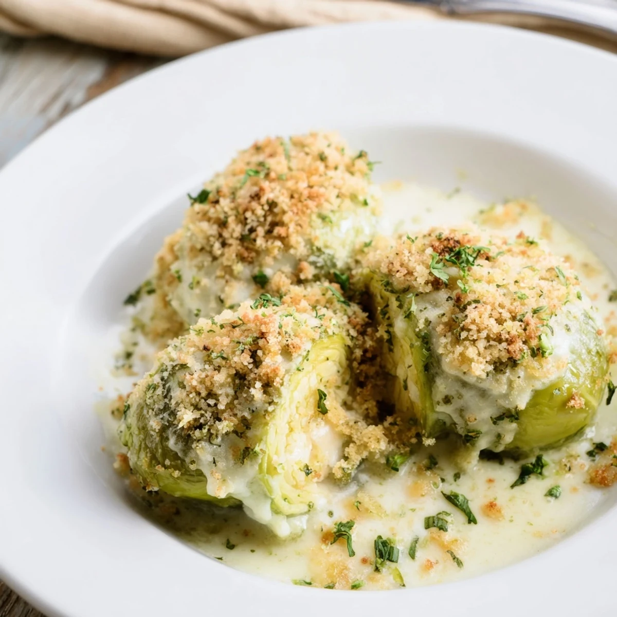 Bubbling hot Brussels sprouts casserole with melted mozzarella and savory Parmesan cream sauce in baking dish