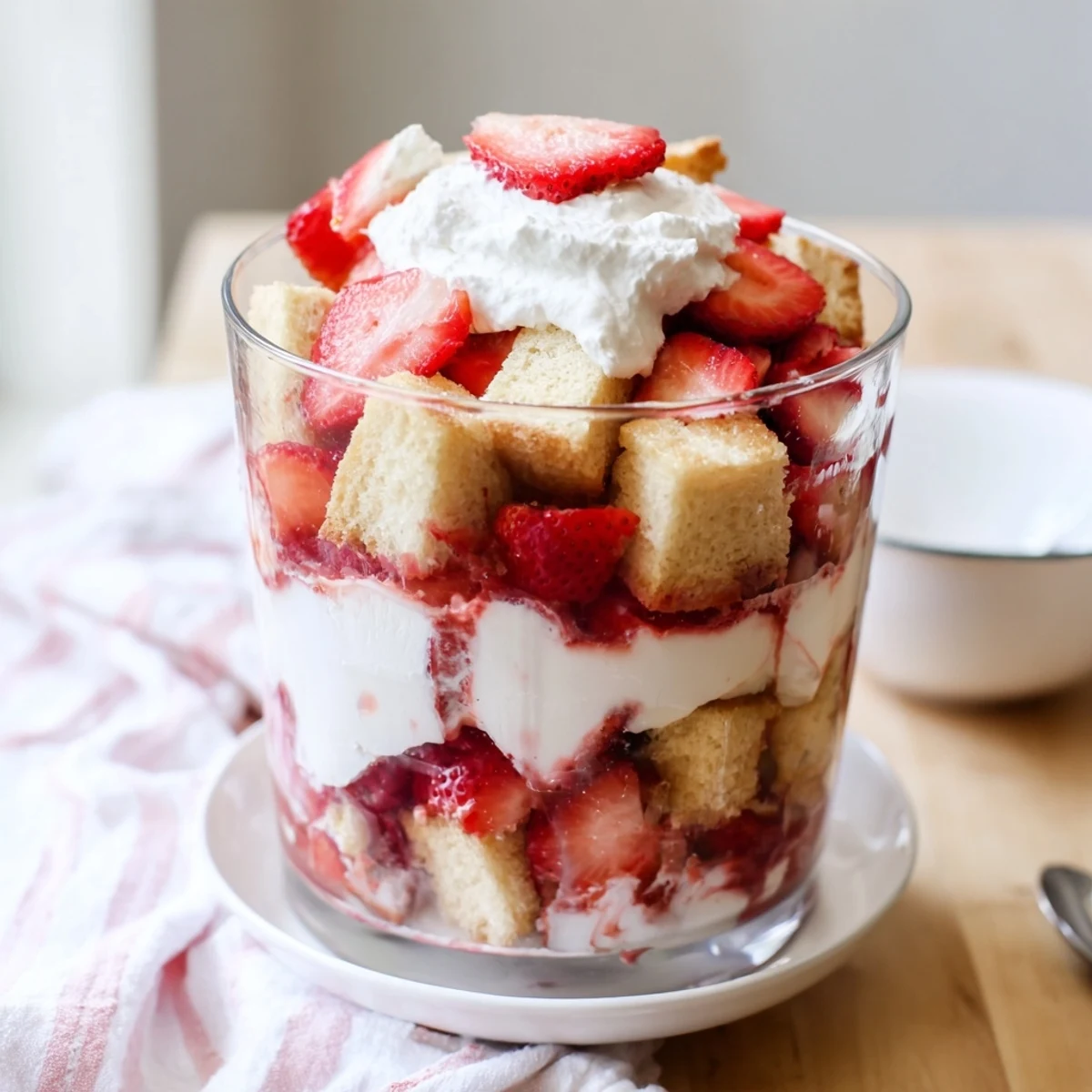 Golden strawberry shortcake trifles layered with fresh macerated berries and fluffy whipped cream in clear glasses