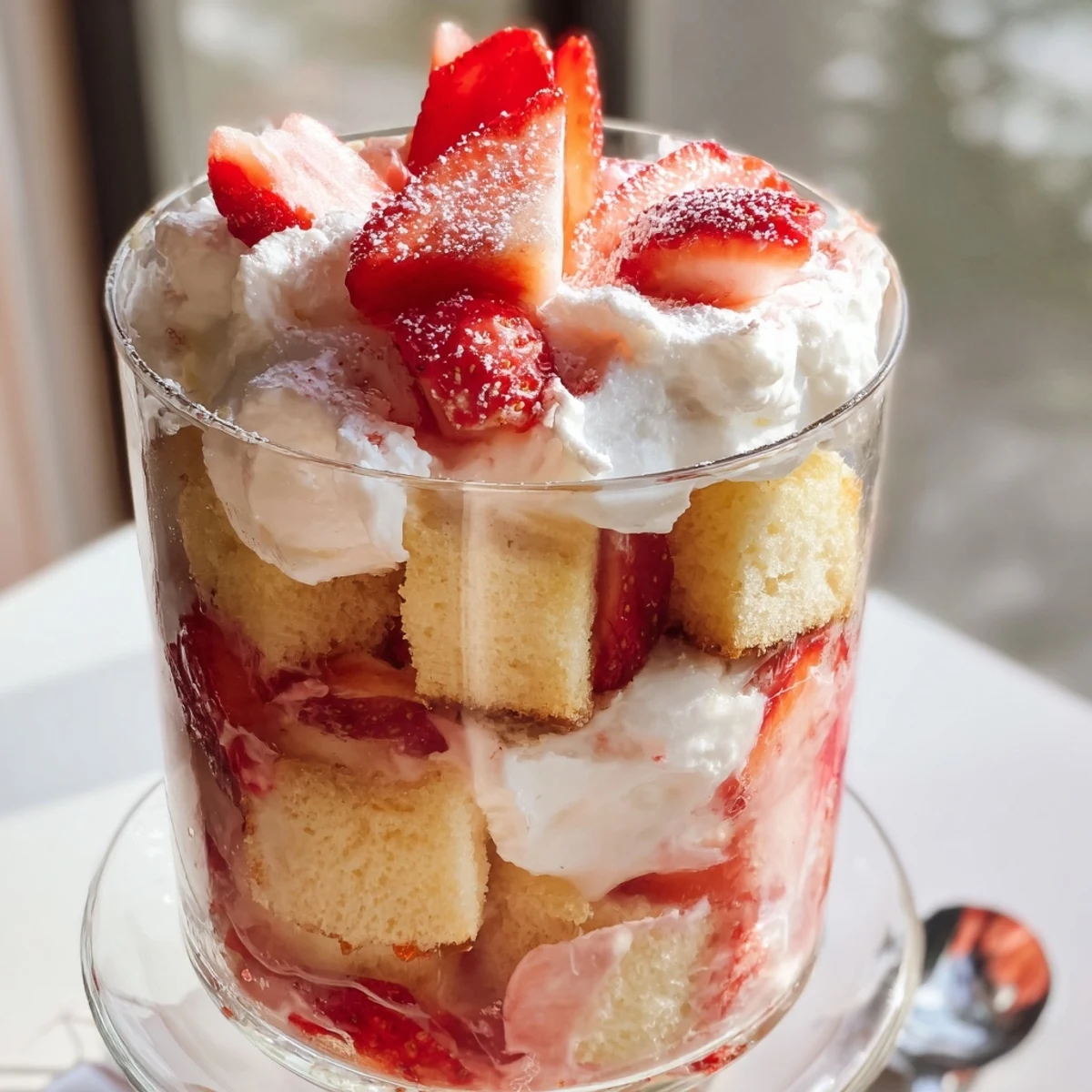 Individual strawberry shortcake trifles featuring buttery cake cubes, juicy red strawberries, and billowy vanilla cream