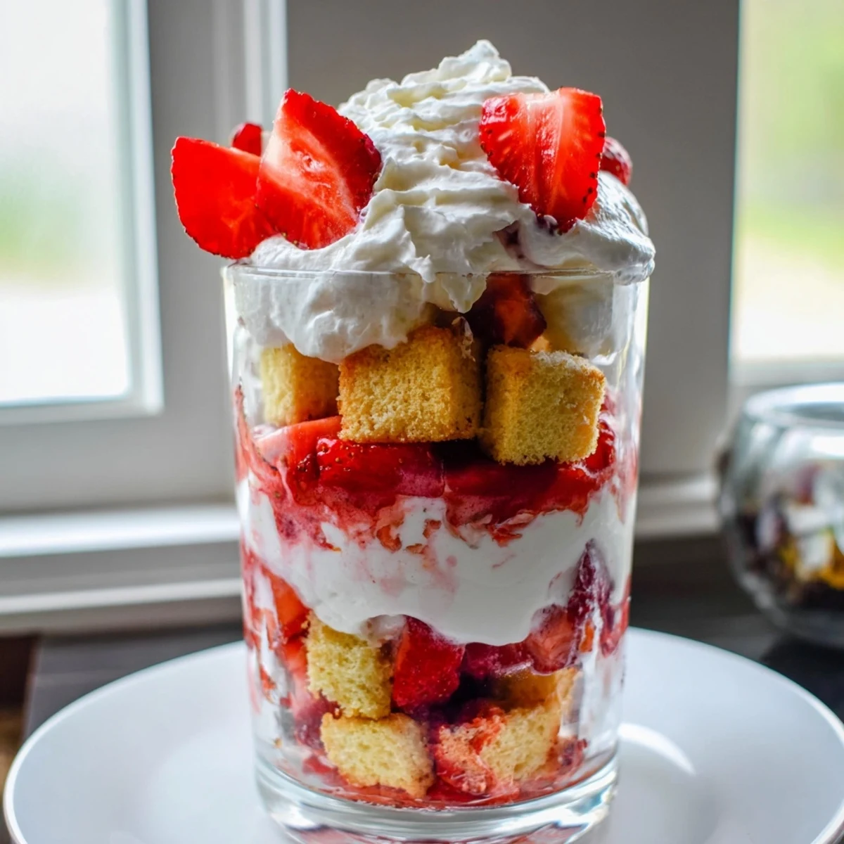 Elegant strawberry shortcake trifles with tender baked shortcake pieces, sweet strawberries, and white cream layers