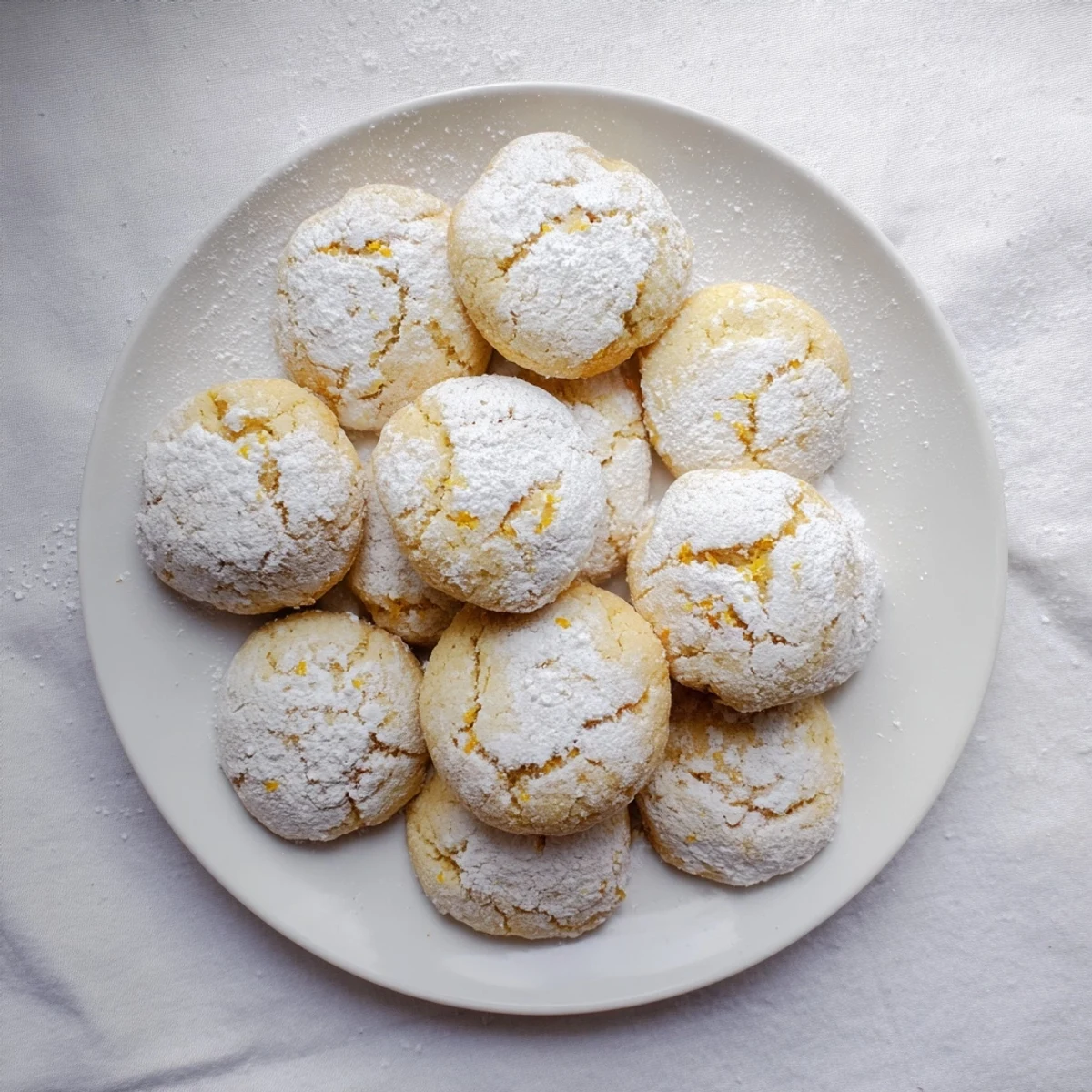 Golden soft chewy lemon cookies dusted with powdered sugar on a white serving plate