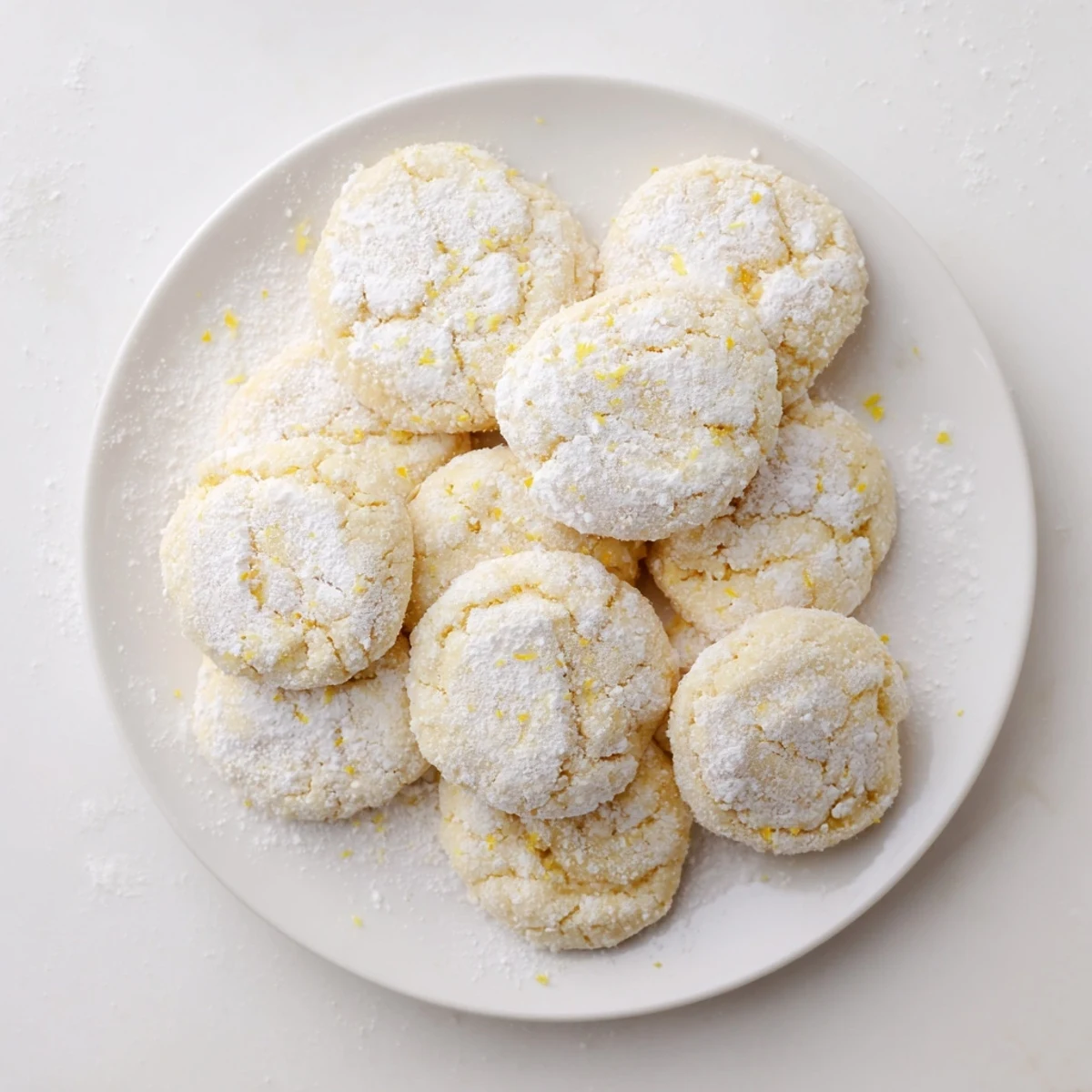 Stack of soft lemon cookies with slightly underbaked centers and sugary coating
