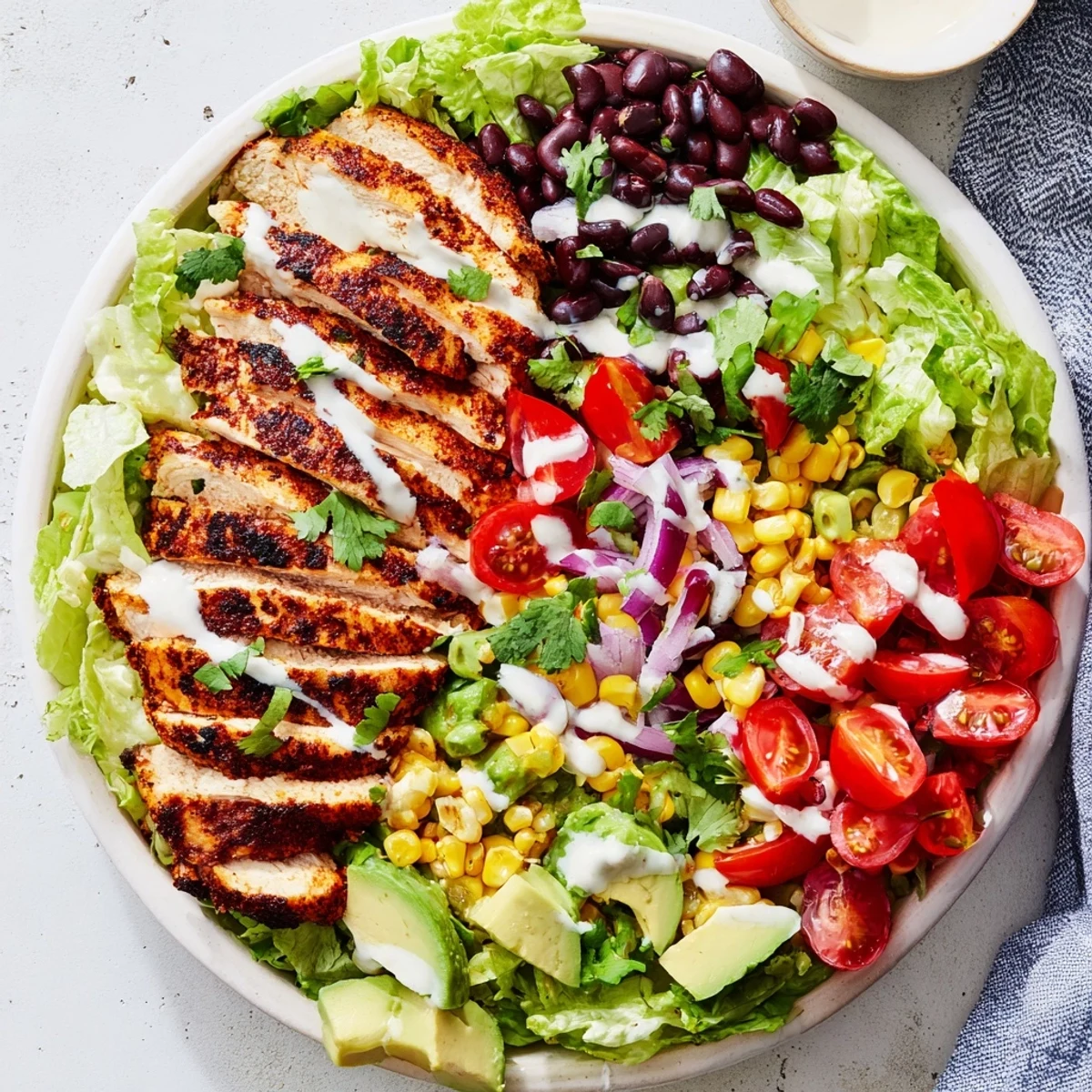 Colorful plated Southwestern chicken salad featuring crisp romaine, cherry tomatoes, and zesty seasoned grilled chicken slices