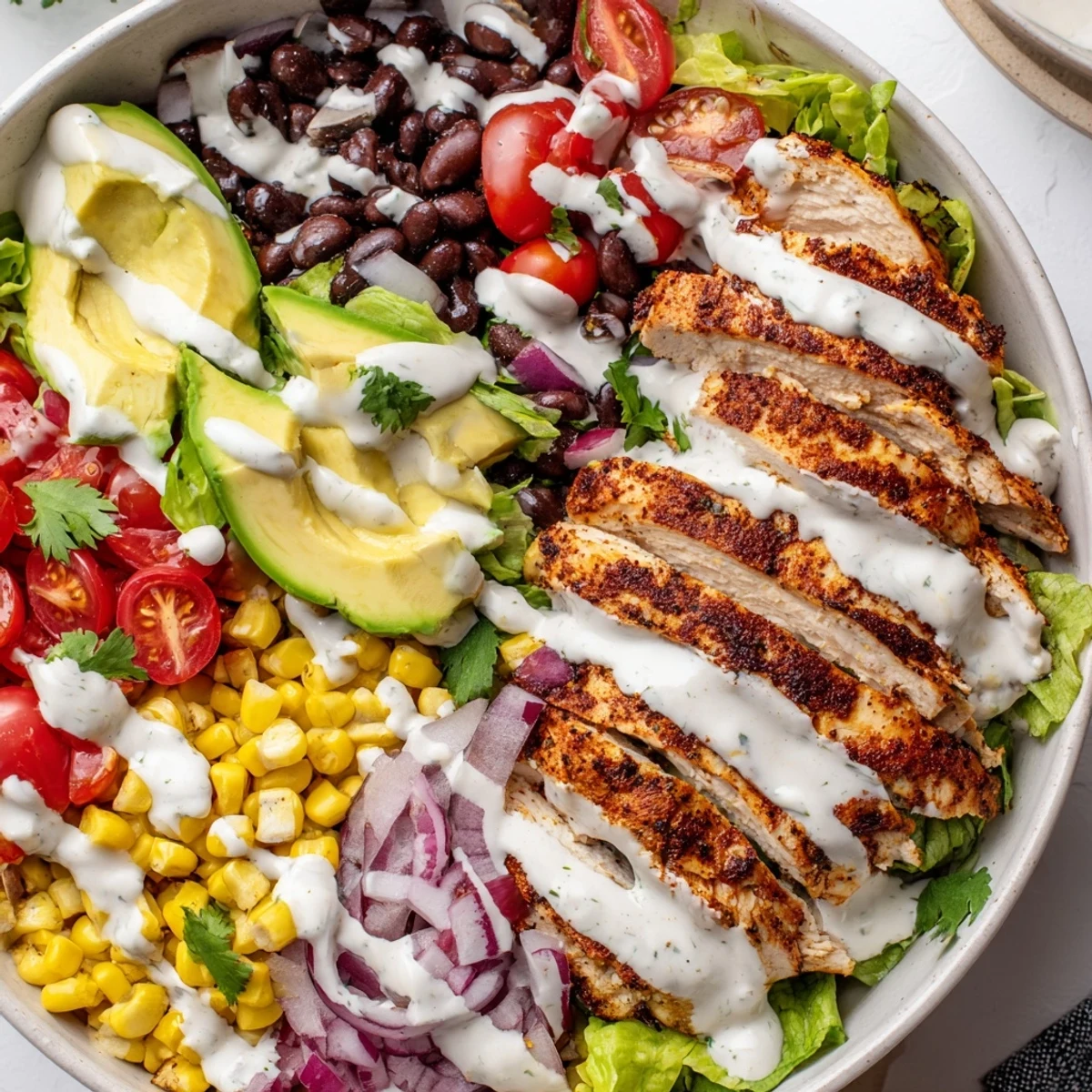 Hearty Southwestern chicken salad topped with juicy spiced chicken, fresh vegetables, and tangy yogurt lime dressing