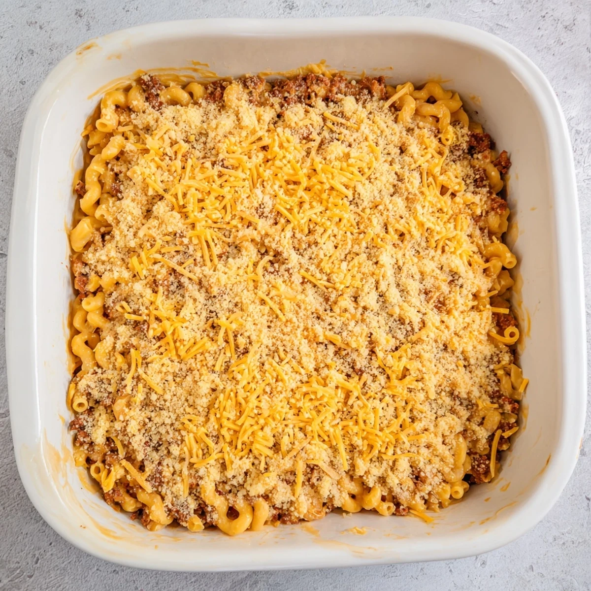 Golden baked Mac and Cheese Meatloaf Casserole with melted cheddar topping and crispy breadcrumb crust