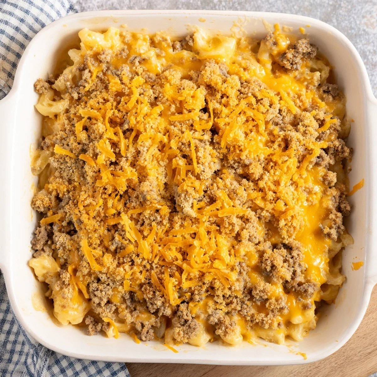 Hearty meatloaf base topped with creamy macaroni and cheese layer in bubbling golden casserole dish