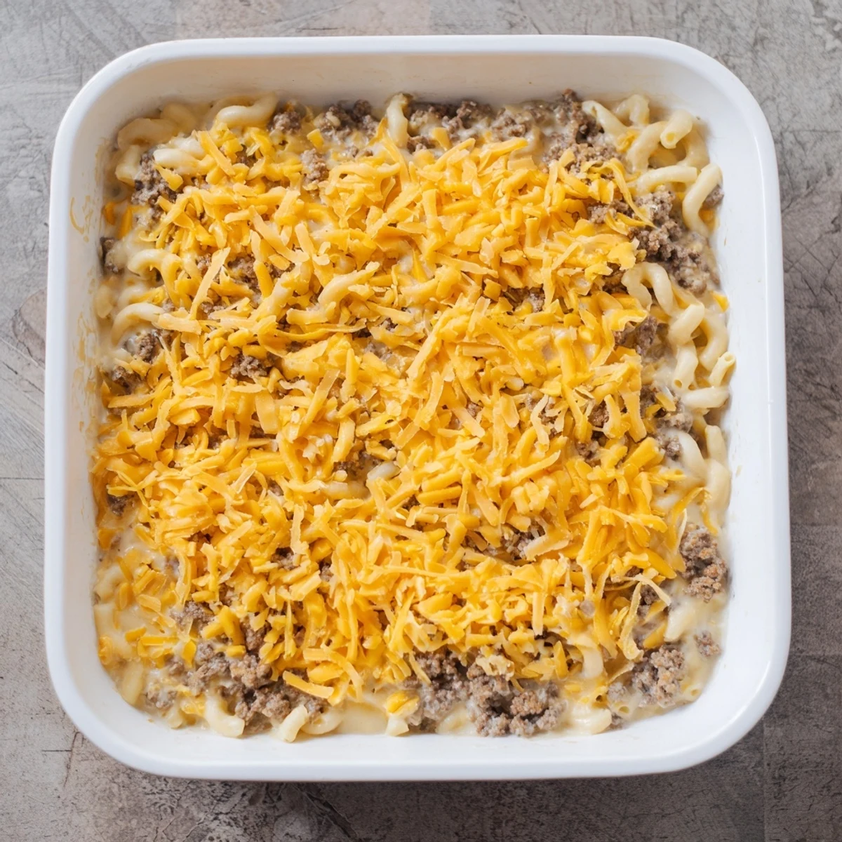Savory Mac and Cheese Meatloaf Casserole sliced to reveal beef and cheese layers with garnish