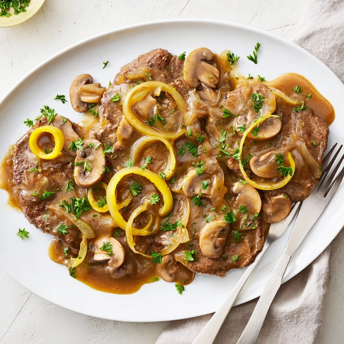 Golden brown country style smothered cube steak with rich onion mushroom gravy drizzled over tender meat