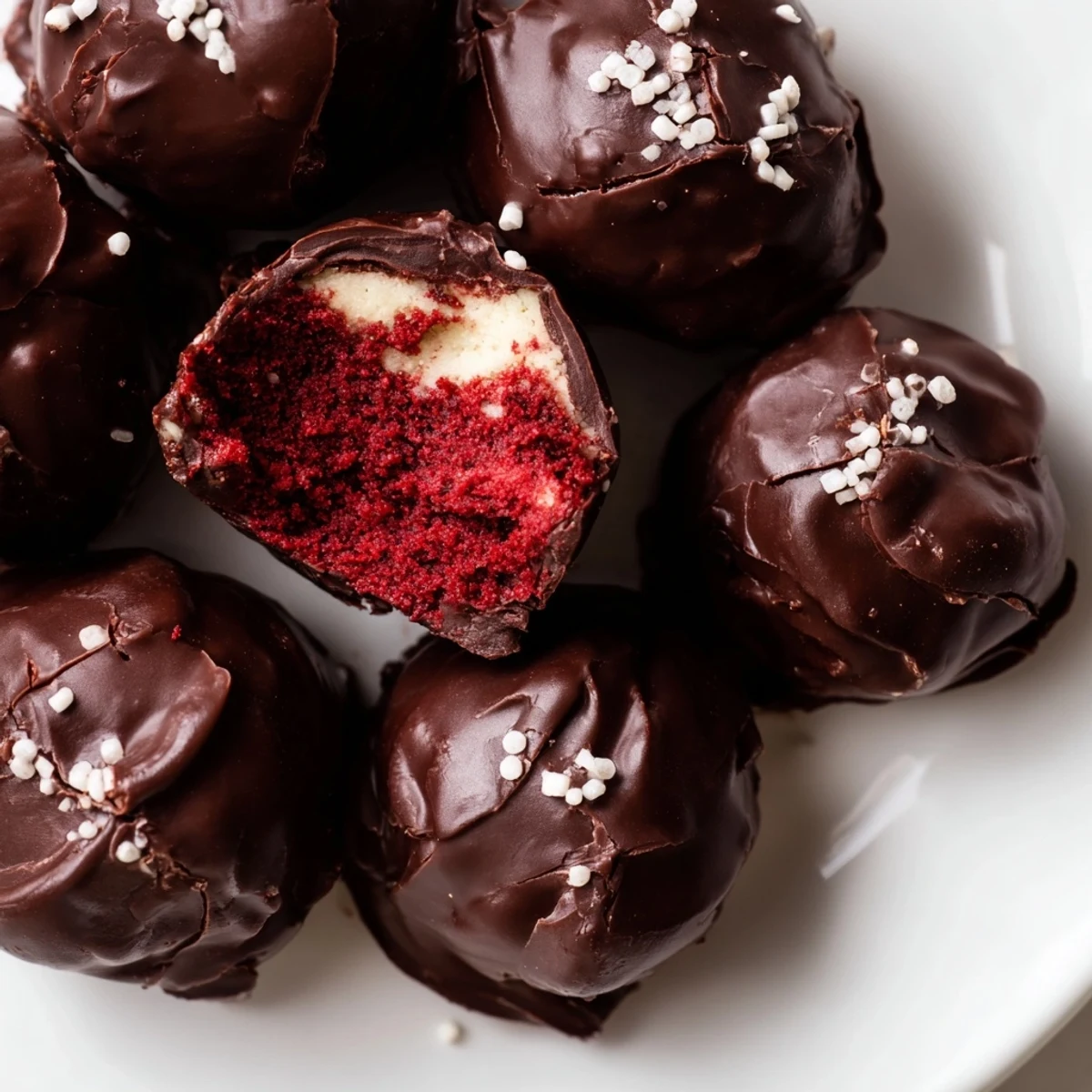 Decadent red velvet cheesecake balls dipped in melted white chocolate ready for serving on a platter