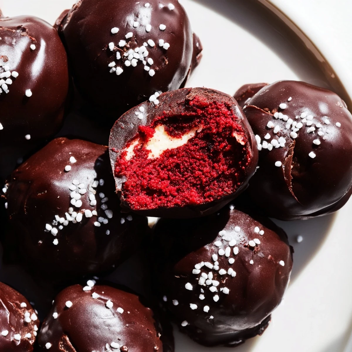 Bite-sized red velvet cheesecake balls coated in smooth dark chocolate with colorful sprinkles on top