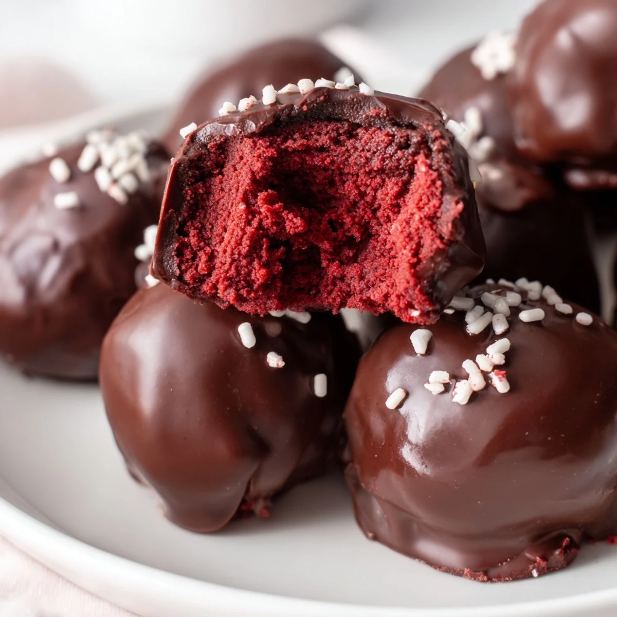 Homemade red velvet cheesecake balls rolled in chocolate coating displayed on parchment paper for party treats