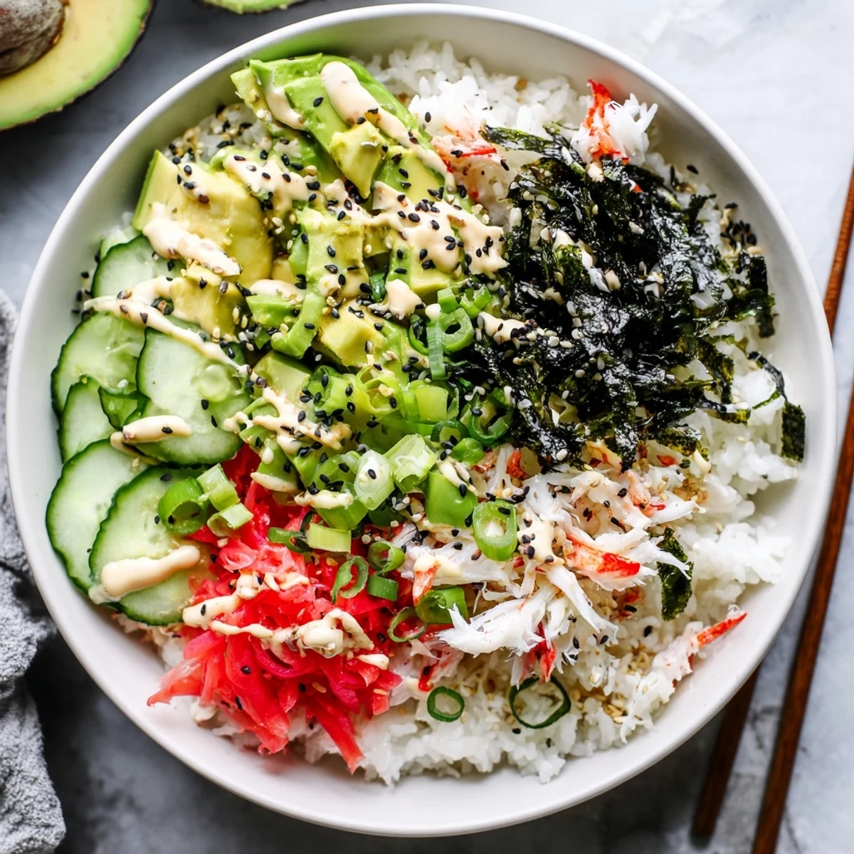 Colorful California roll sushi bowl topped with shredded crab, diced avocado, cucumber, and nori strips