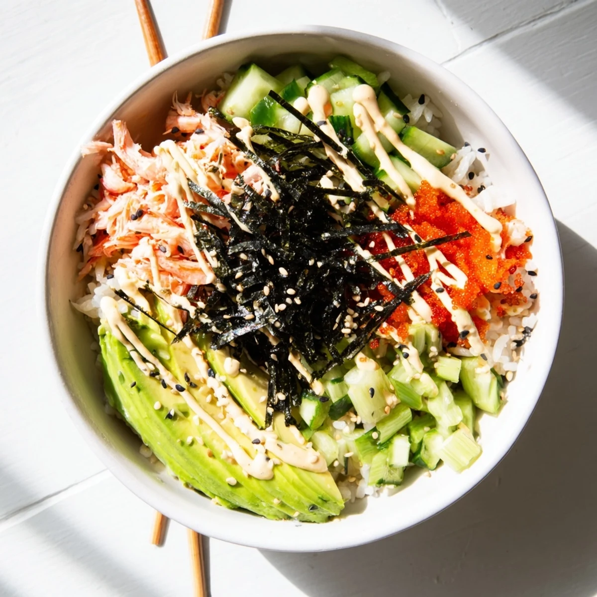 Fresh California roll sushi bowl arranged with imitation crab, creamy avocado, pickled ginger, and vegetables