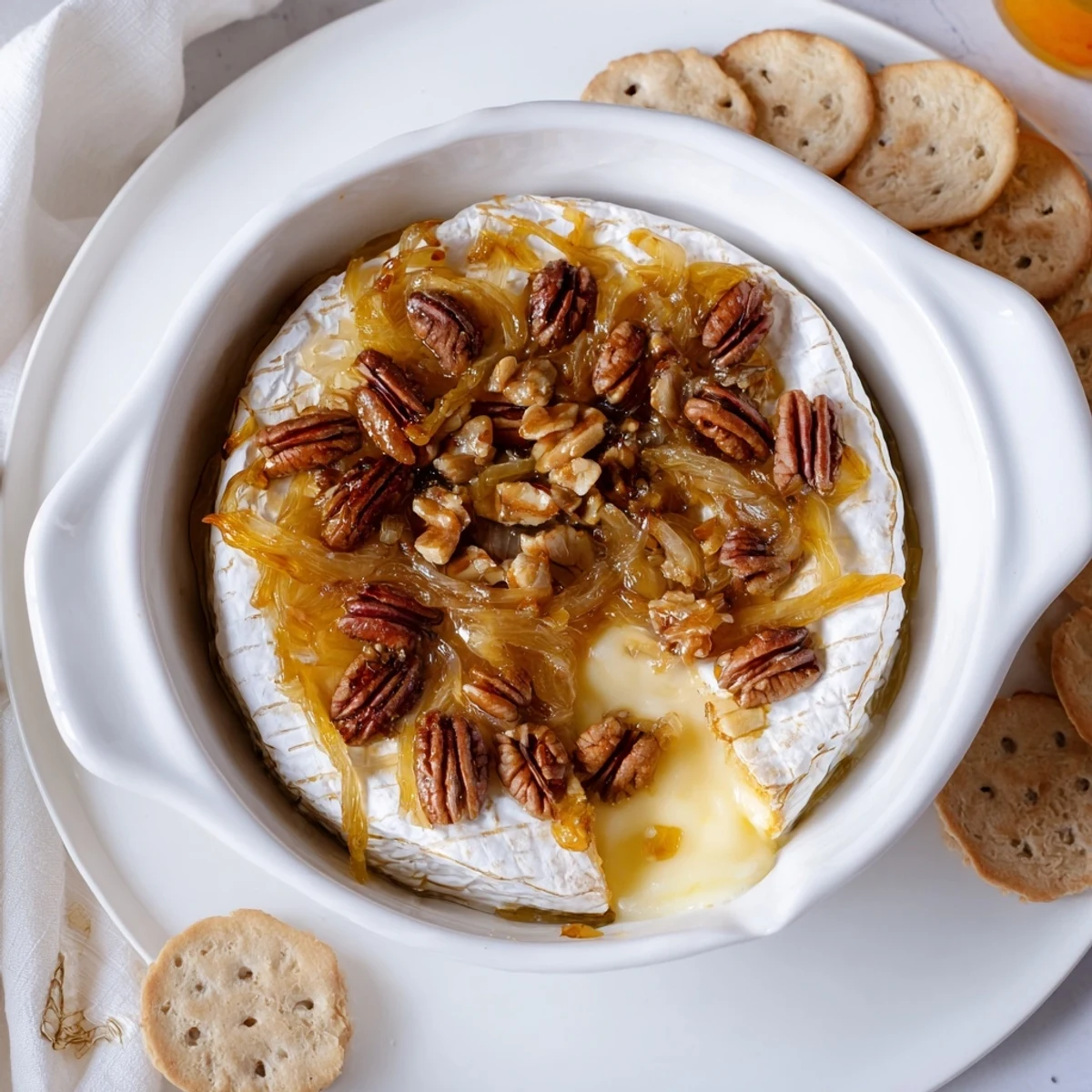 Golden wheel of baked brie with caramelized onions and toasted pecans on wooden board