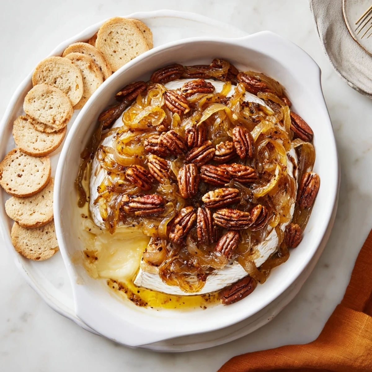 Warm creamy baked brie oozing with sweet onions and crunchy pecans on serving platter