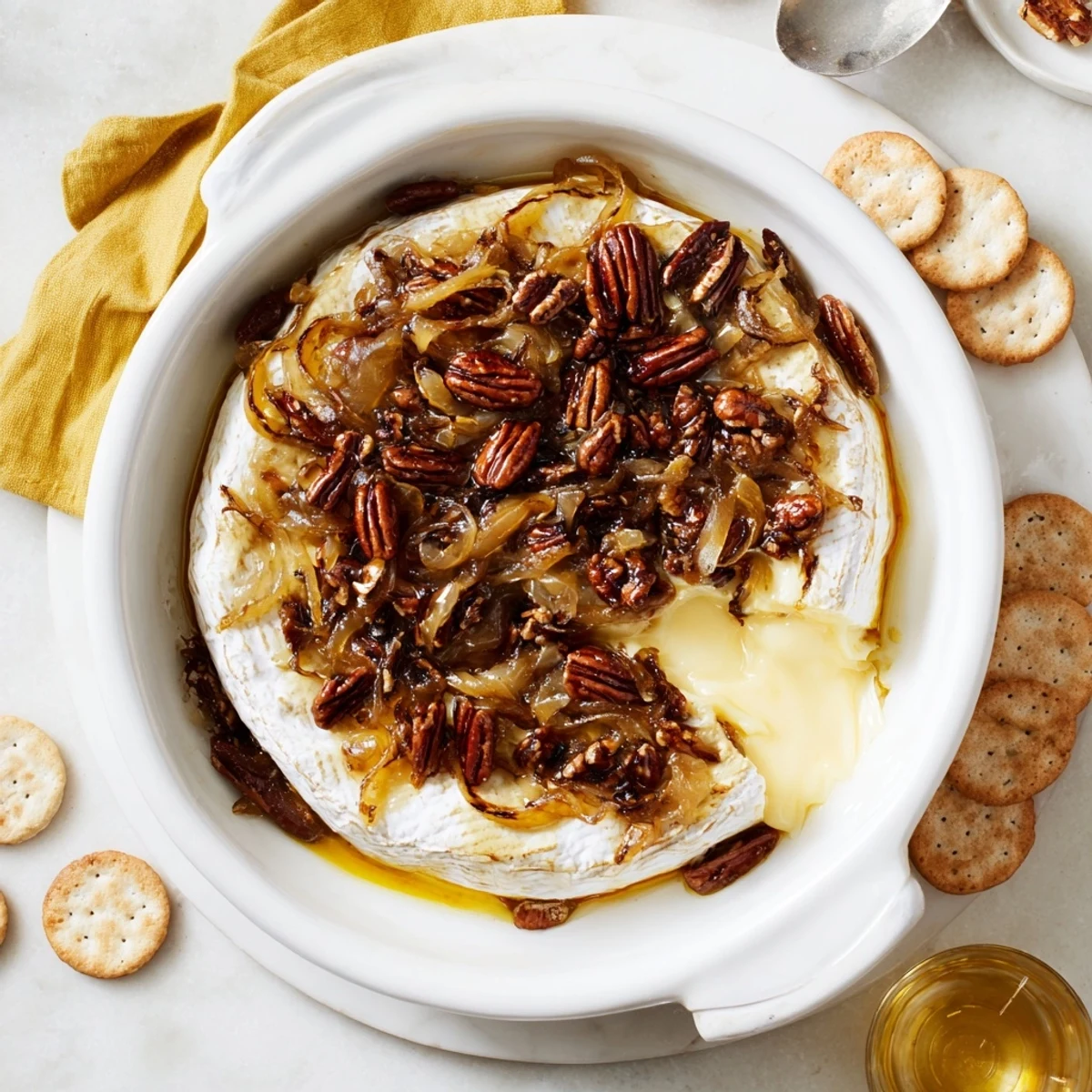 Rustic baked brie appetizer topped with golden caramelized onions and pecans for entertaining