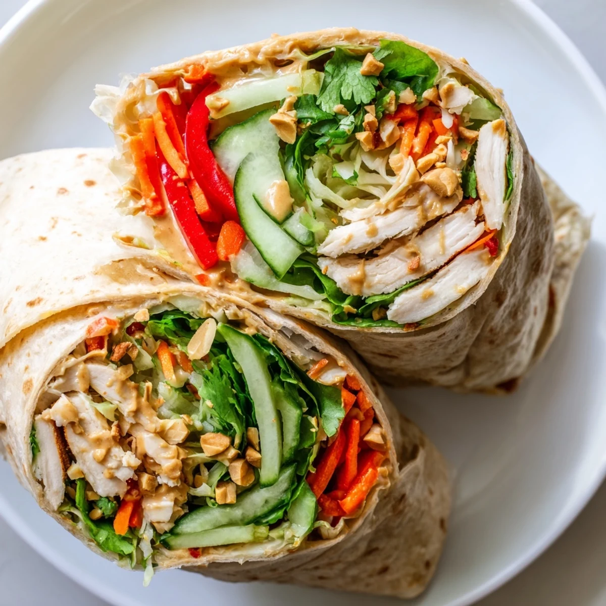Thai peanut chicken wraps sliced open revealing colorful lettuce peppers carrots and creamy peanut dressing