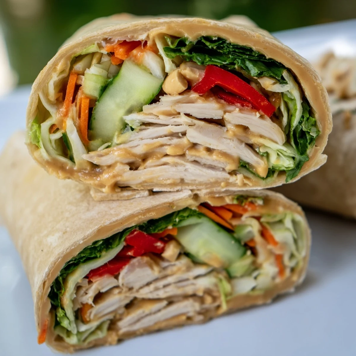 Fresh sliced chicken atop crisp vegetables wrapped in flour tortilla with Thai peanut sauce