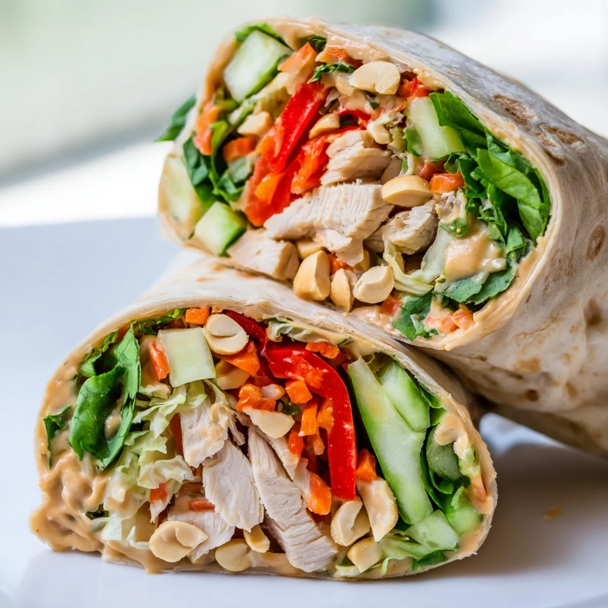 Hand-held wrap filled with marinated chicken strips crunchy vegetables and drizzled peanut sauce