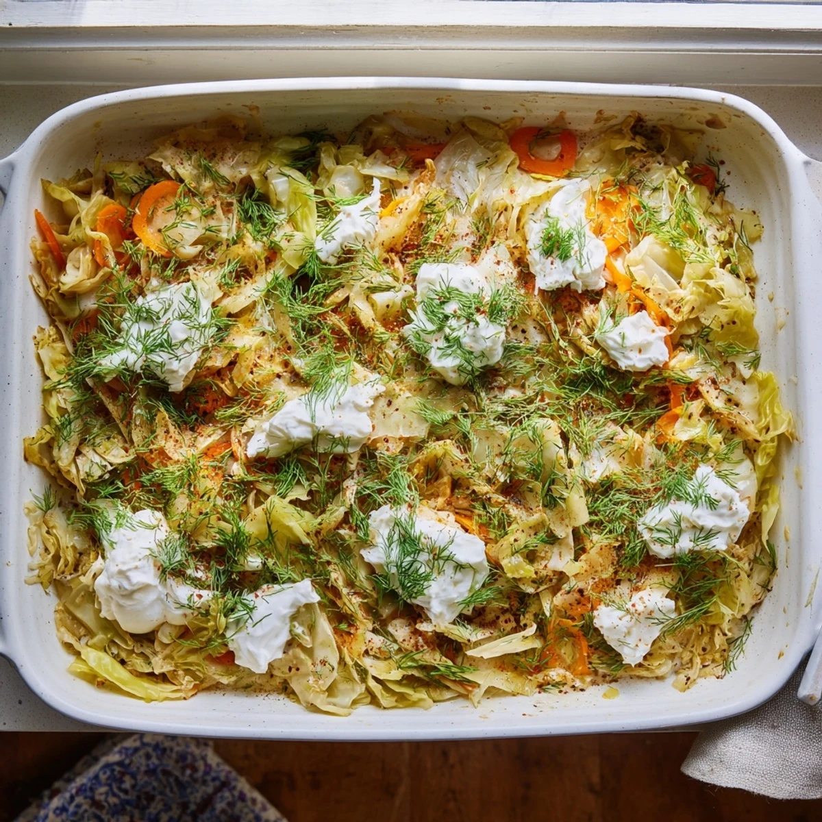 Golden brown slow roasted cabbage and sauerkraut casserole topped with fresh green dill in a baking dish