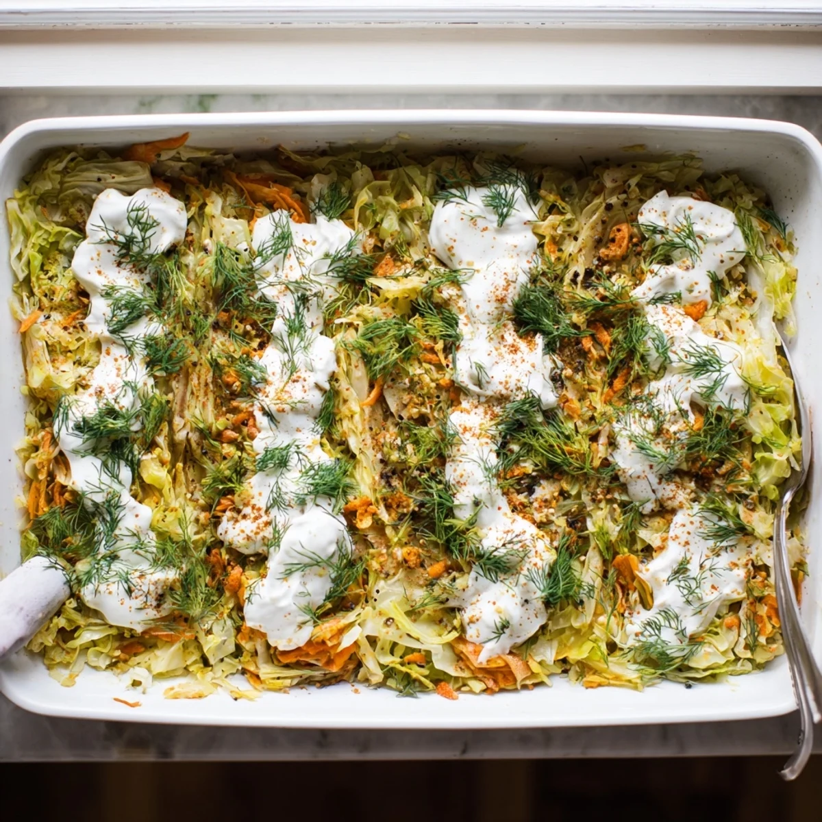 Hearty German-style cabbage casserole with tangy sauerkraut layers bubbling in a rustic white casserole dish
