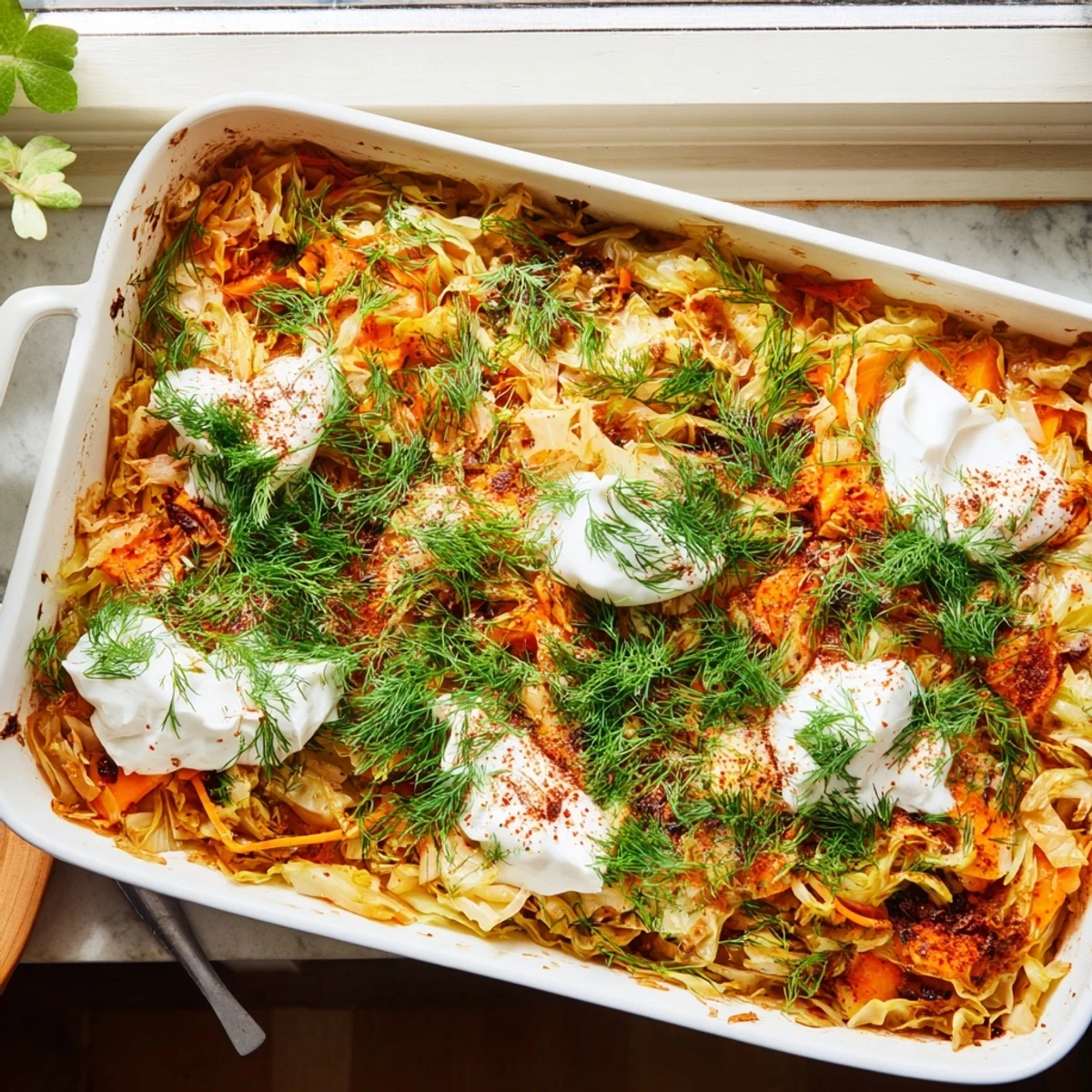 Comforting slow roasted cabbage and sauerkraut casserole served steaming hot with sour cream and dill garnish