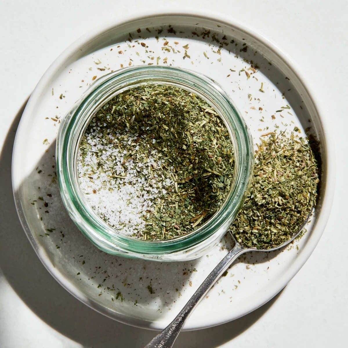 Homemade dehydrated tzatziki seasoning mix displayed in a glass jar with dried herbs