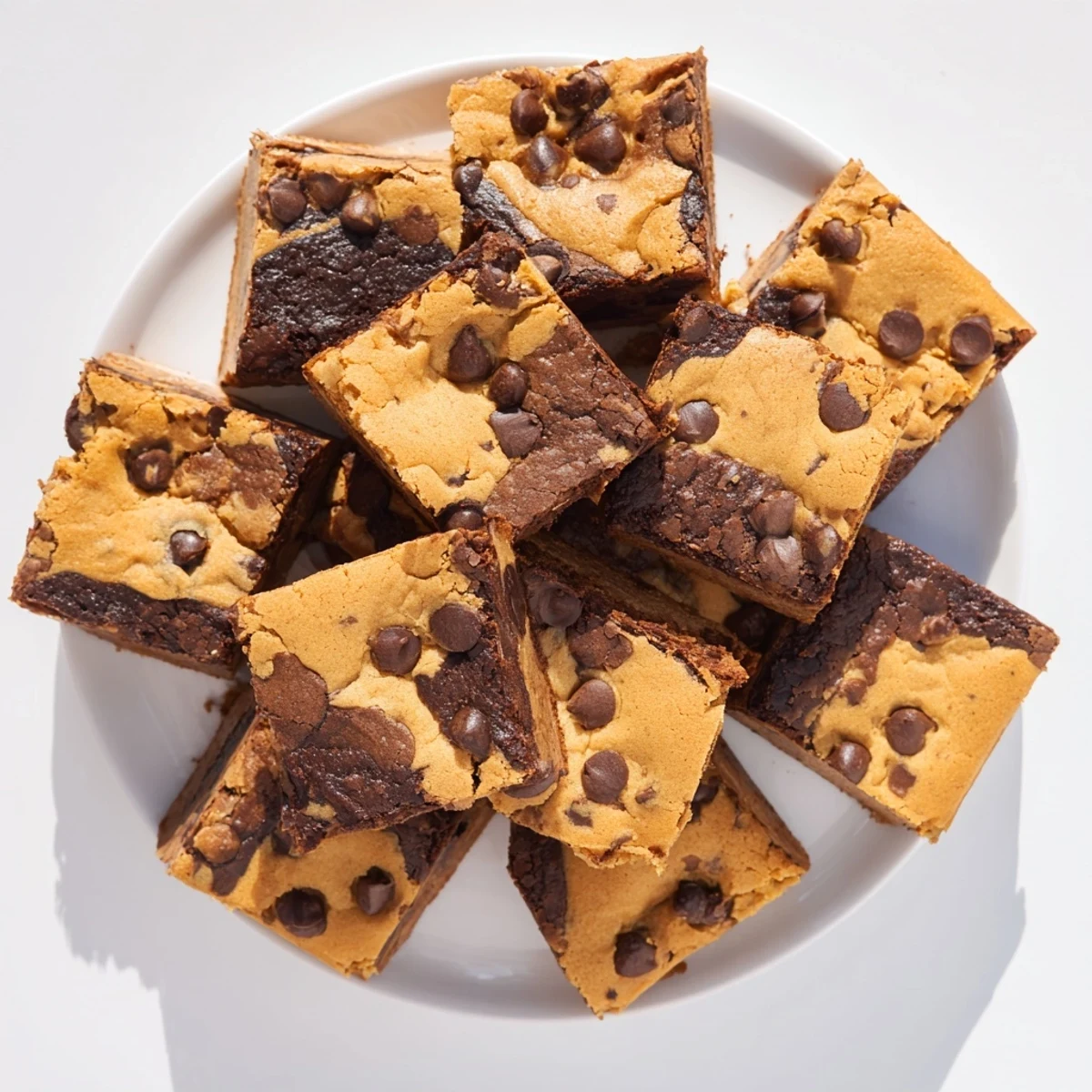 Homemade brookies dessert featuring chewy cookie and rich chocolate brownie marbled together in a baking pan