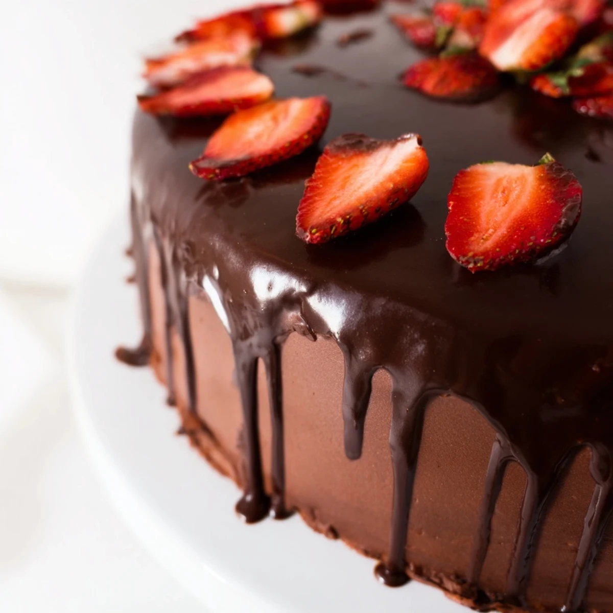 Decadent strawberry chocolate cake featuring layers of fresh berries and rich chocolate ganache glaze