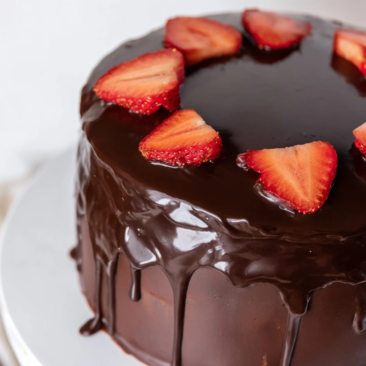 Moist chocolate cake layered with macerated fresh strawberries and creamy chocolate ganache topping