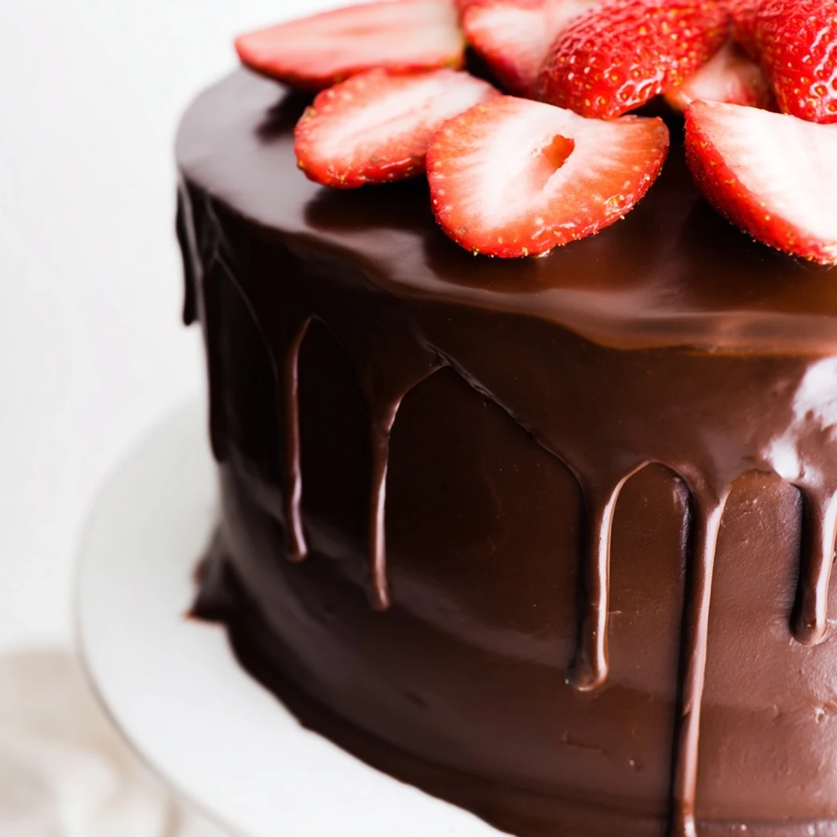 Slice of rich chocolate strawberry cake showcasing fresh fruit and glossy ganache frosting