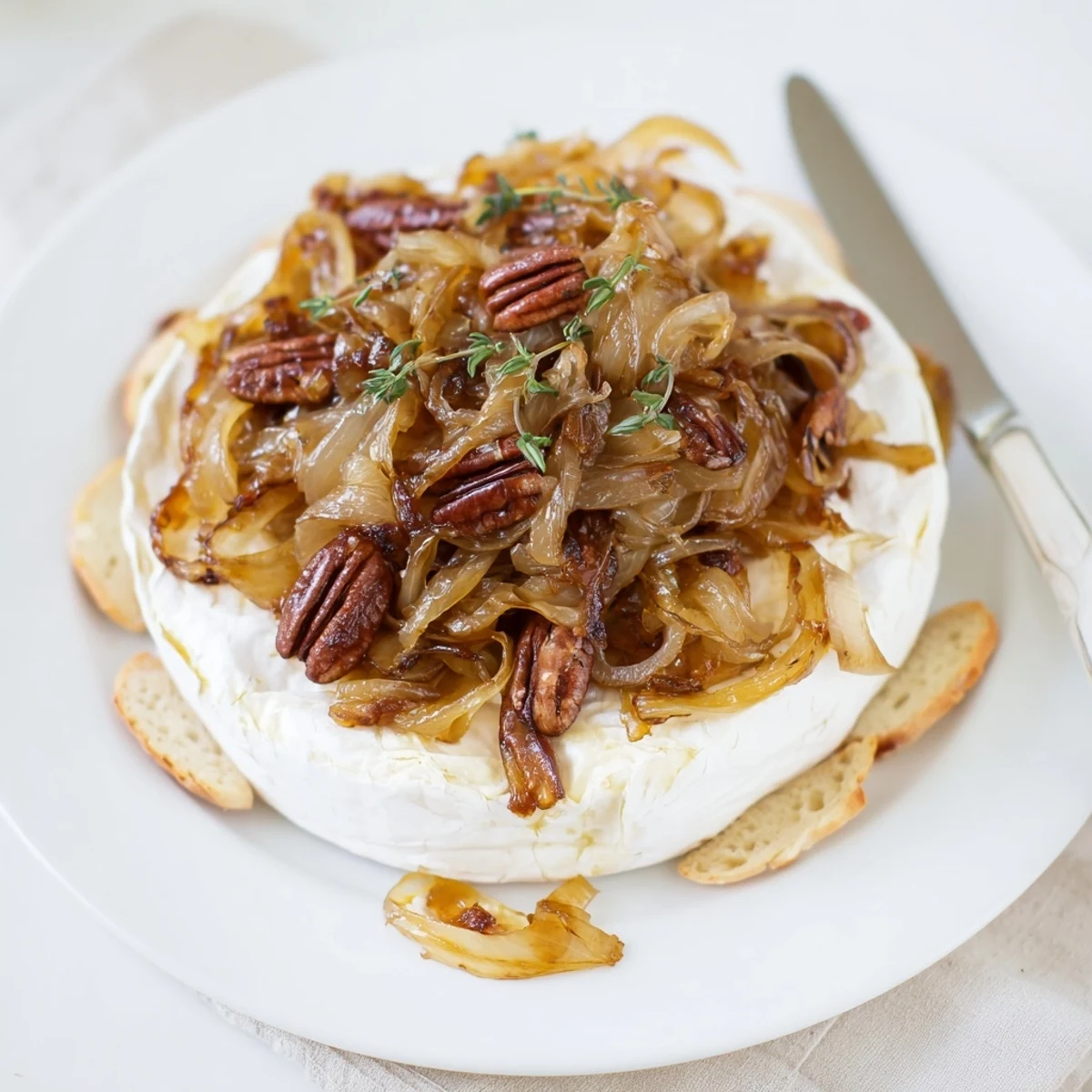 Warm Baked Brie With Caramelized Onions And Pecans on sliced baguette