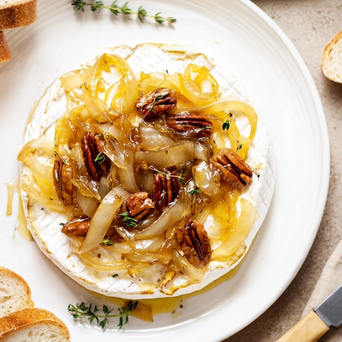 Creamy Baked Brie With Caramelized Onions And Pecans oozing, topped with thyme