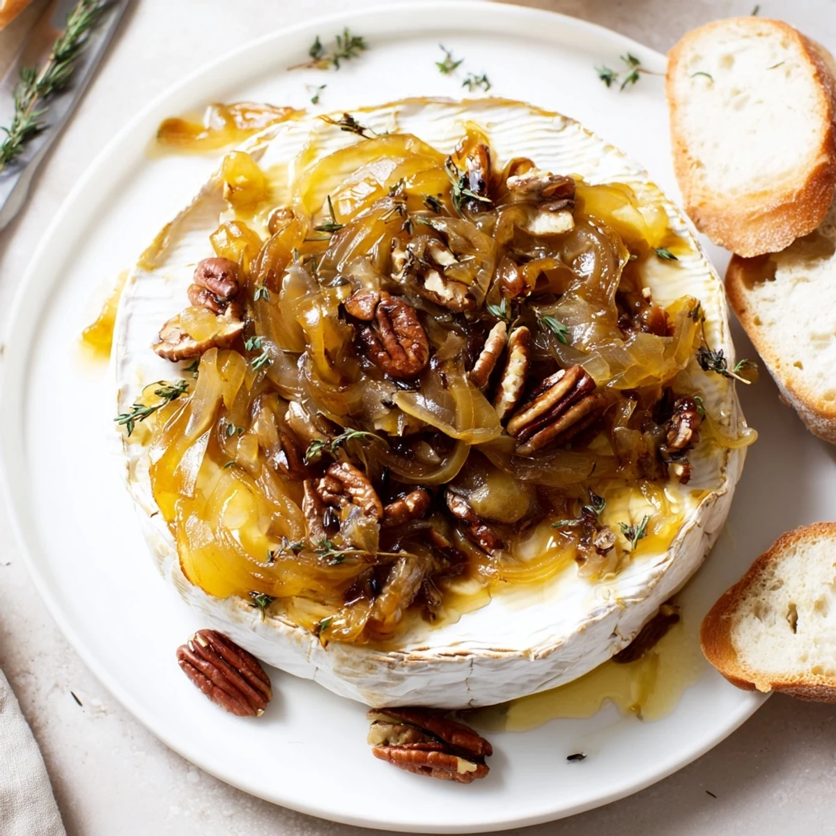 Golden Baked Brie With Caramelized Onions And Pecans, crunchy pecans visible