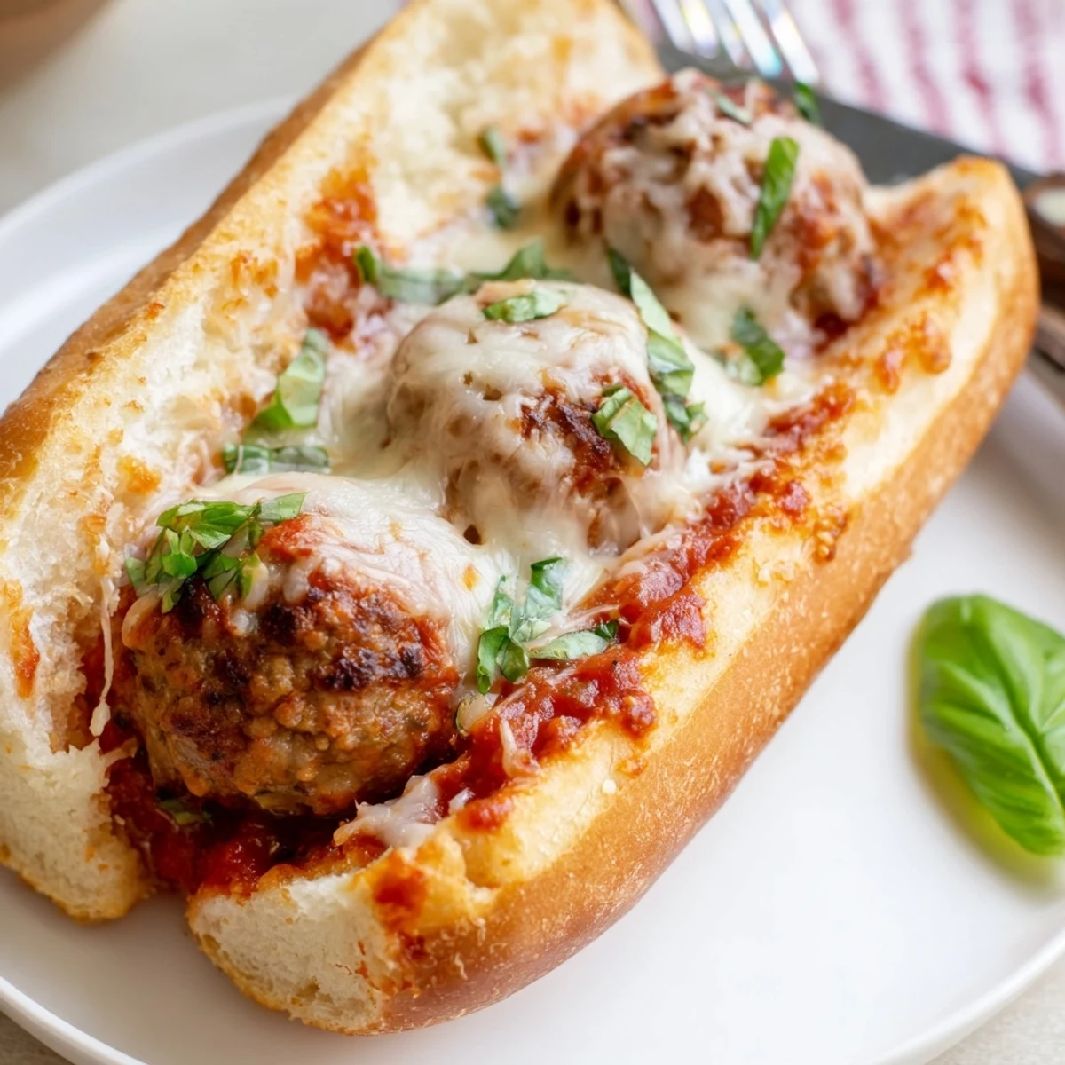 Golden toasted Cheesy Meatball Subs spilling marinara and melted mozzarella