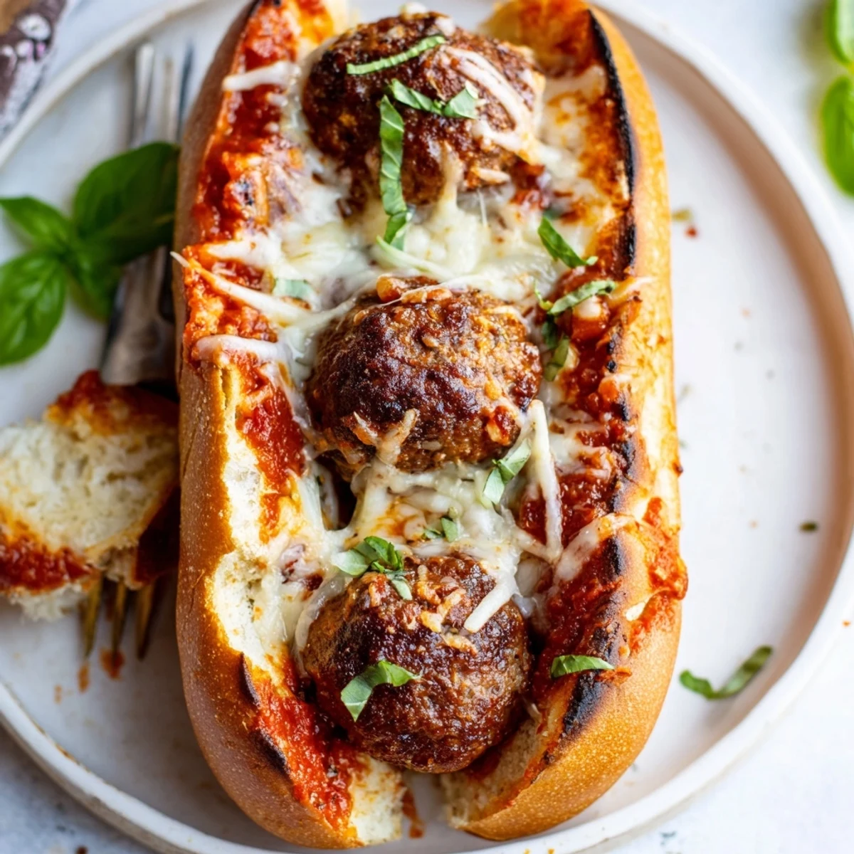 A close-up of Cheesy Meatball Subs oozing cheese, garnished with fresh basil